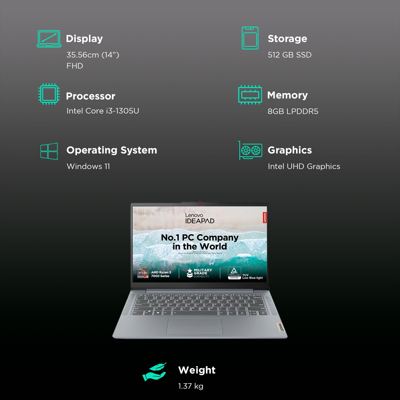 Lenovo IdeaPad Slim 3 14IRU8 Intel Core i3 13th Gen Thin & Light Laptop (8GB, 512GB SSD, Windows 11 Home, 14 inch Full HD Display, MS Office 2021, Arctic Grey, 1.37 KG)_3