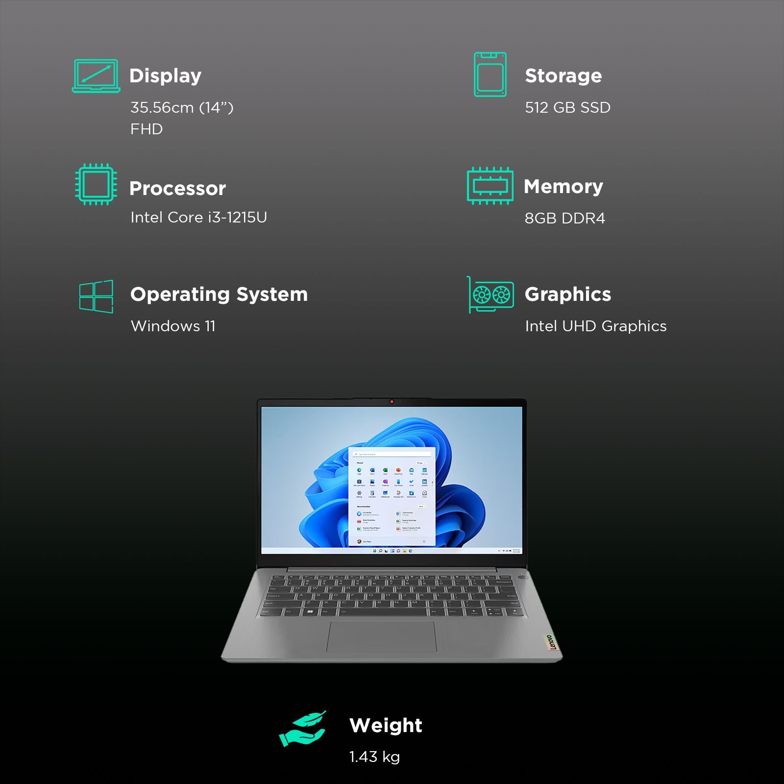 Lenovo IdeaPad 3 14IAU7 Intel Core i3 12th Gen Thin & Light Laptop (8GB, 512GB SSD, Windows 11 Home, 14 inch Full HD Display, MS Office 2021, Arctic Grey, 1.43 KG)_3