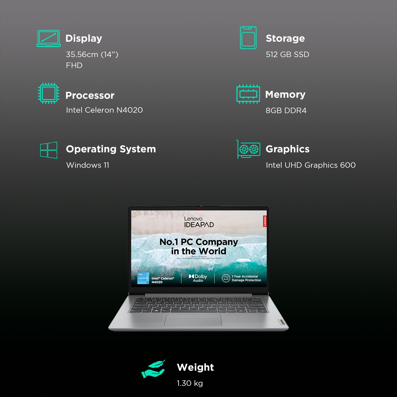 Lenovo IdeaPad 1 14IGL7 Intel Celeron N4020 Thin & Light Laptop (8GB, 512GB SSD, Windows 11 Home, 14 inch HD Display, MS Office 2021, Cloud Grey, 1.3 KG)_3