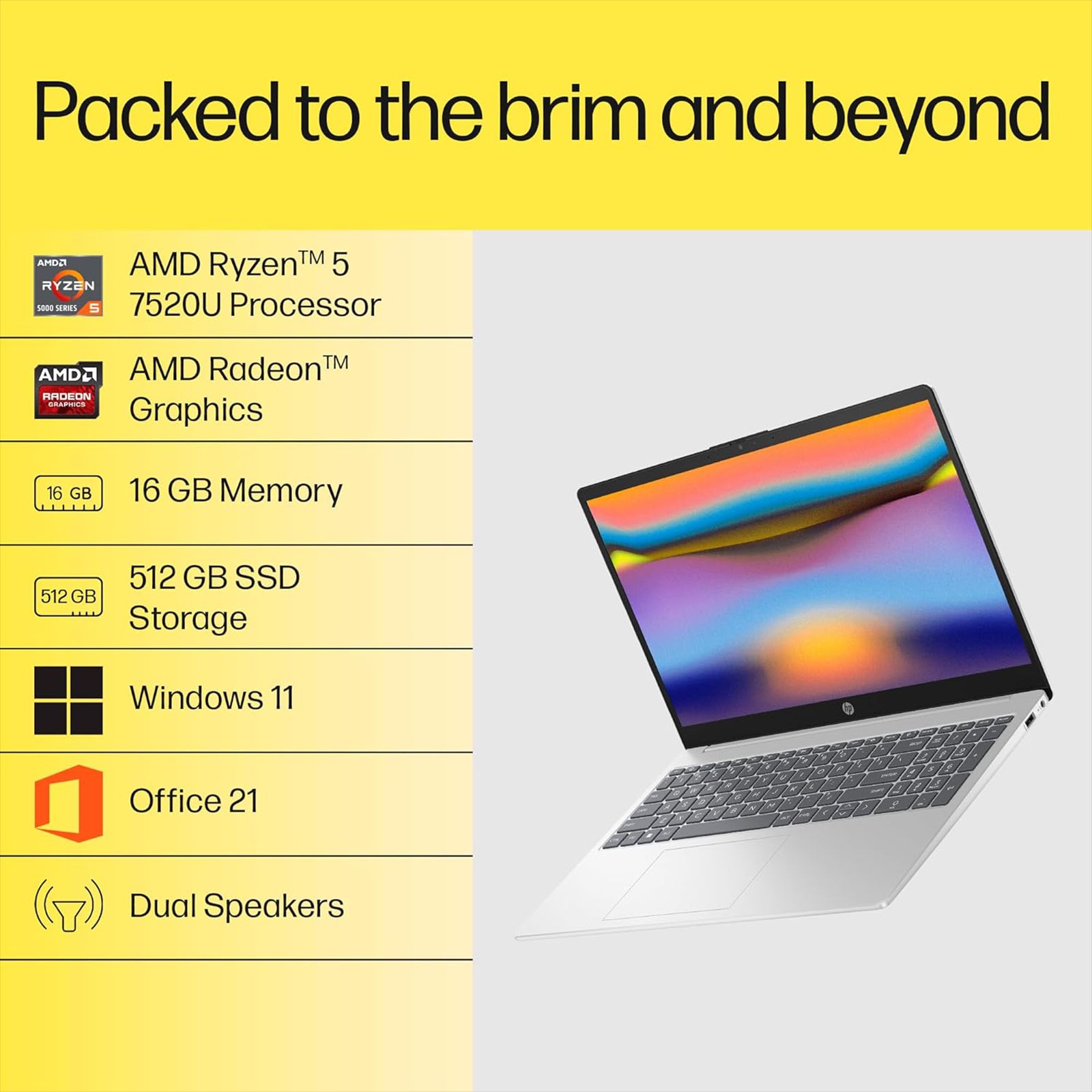 HP 15-fc0156AU AMD Ryzen 5 Thin & Light Laptop (16GB, 512GB SSD, Windows 11 Home, 15.6 inch Full HD Display, MS Office Home 2021, Natural Silver, 1.59 KG)_4