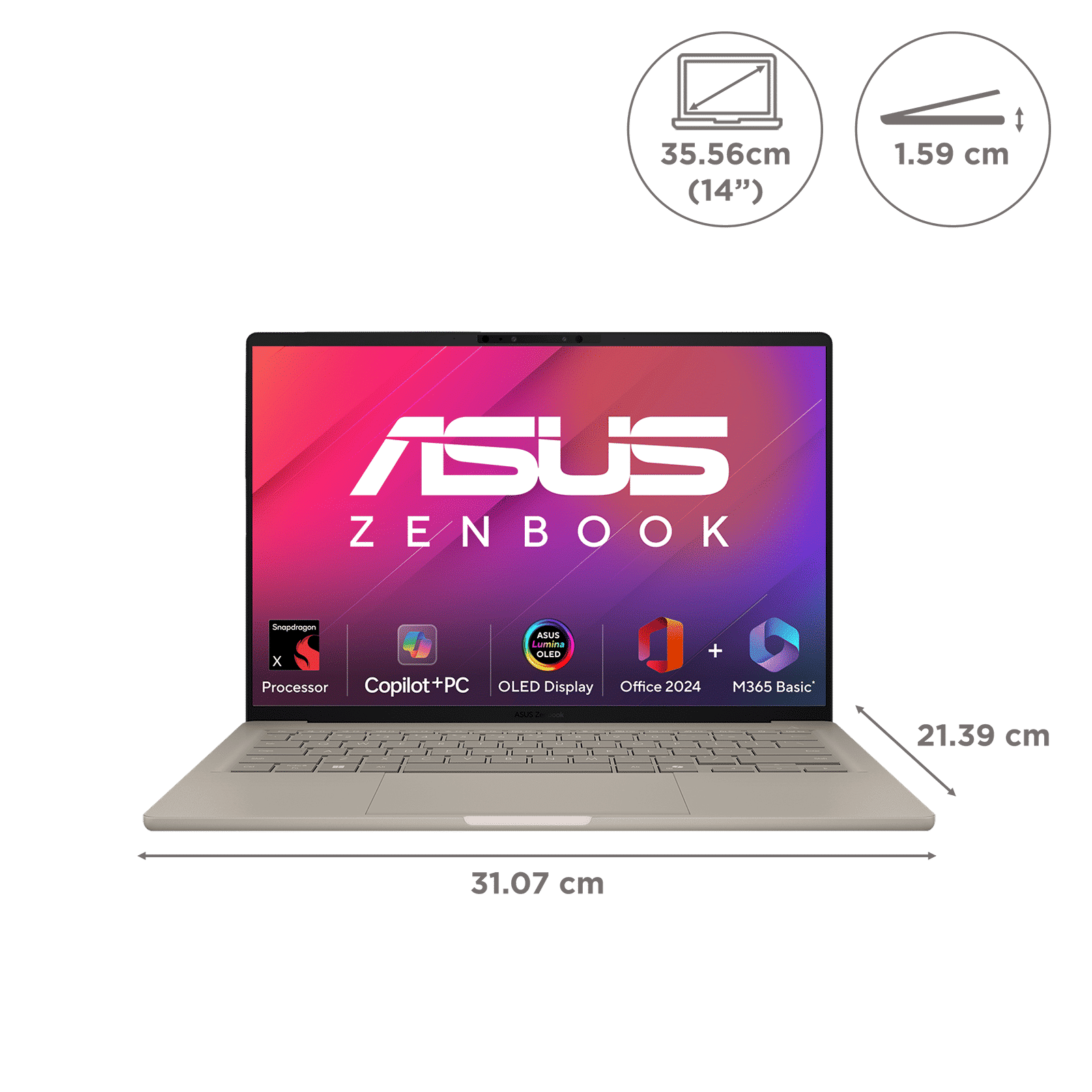 ASUS Zenbook A14 Snapdragon X X126100 Ultra Thin Laptop (16GB, 512GB SSD, Windows 11 Home, 14 inch WUXGA OLED Display, MS Office Home 2024, Zabriskie Beige, 0.98 KG) ASUS Zenbook A14 Snapdragon X X126100 Ultra Thin Laptop (16GB, 512GB SSD, Windows 11 Home, 14 inch WUXGA OLED Display, MS Office Home 2024, Zabriskie Beige, 0.98 KG)_2