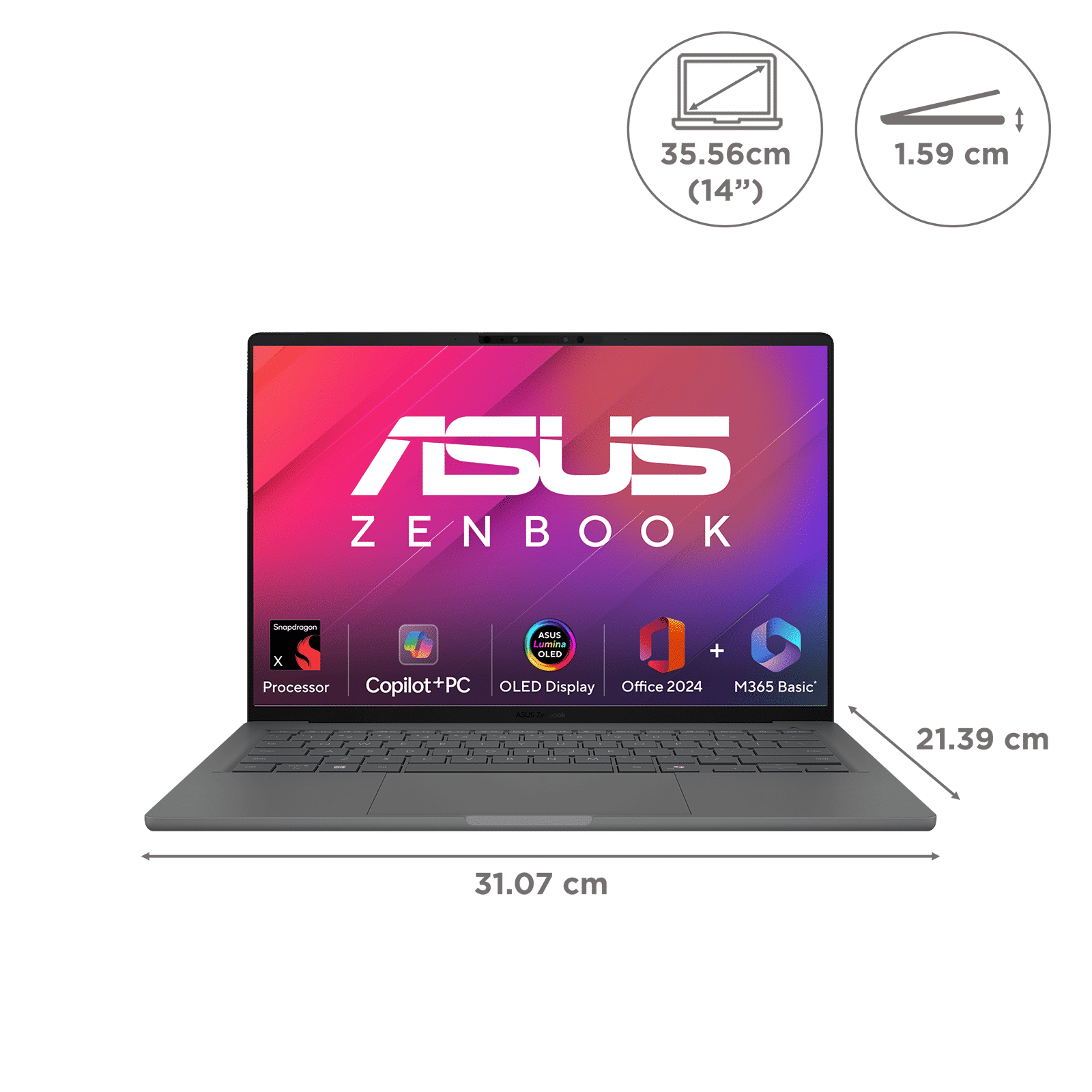 ASUS Zenbook A14 Snapdragon X X1 26 100 Ultra Thin Laptop (16GB, 512GB SSD, Windows 11 Home, 14 inch WUXGA OLED Display, MS Office Home 2024, Iceland Gray, 0.98 KG) ASUS Zenbook A14 Snapdragon X X1 26 100 Ultra Thin Laptop (16GB, 512GB SSD, Windows 11 Home, 14 inch WUXGA OLED Display, MS Office Home 2024, Iceland Gray, 0.98 KG)_2