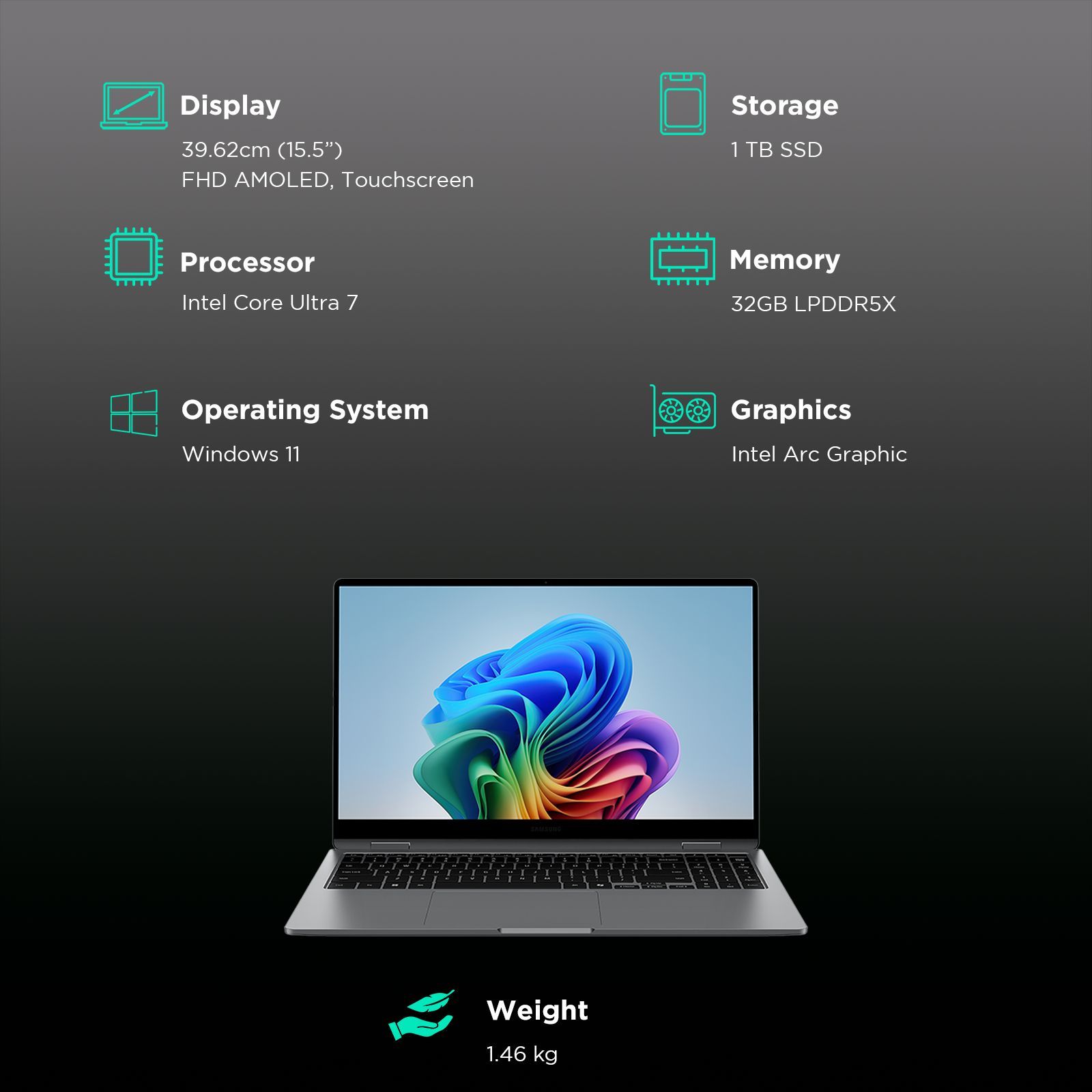 SAMSUNG Galaxy Book5 360 Intel Core Ultra 7 Touchscreen Thin & Light Laptop (32GB, 1TB SSD, Windows 11 Home, 16GB Graphics, 15.5 inch FHD AMOLED Display, MS Office 2021, Gray, 1.46 KG)_3