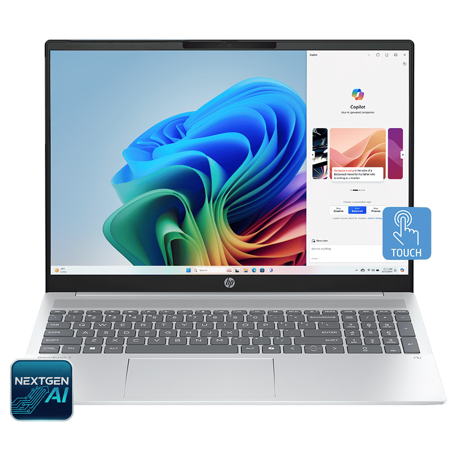 HP OmniBook 5 16-ag1048AU AMD Ryzen AI 7 Touchscreen Thin & Light Laptop (16GB, 512GB SSD, Windows 11 Home, 16 inch 2K IPS Display, MS Office Home 2024, Glacier Silver, 1.79 KG)_1