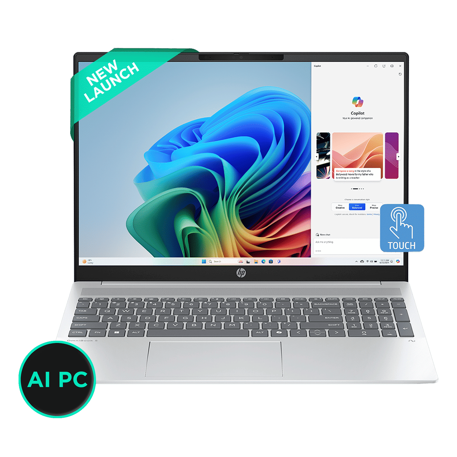 HP OmniBook 5 16-ag1048AU AMD Ryzen AI 7 Touchscreen Thin & Light Laptop (16GB, 512GB SSD, Windows 11 Home, 16 inch 2K IPS Display, MS Office Home 2024, Glacier Silver, 1.79 KG)