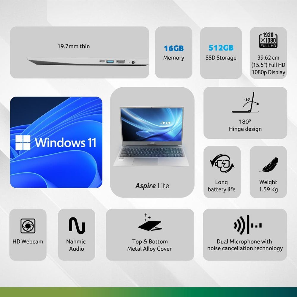 acer Aspire Lite AMD Ryzen 7 Laptop (16GB, 512GB SSD, Windows 11, 15.6 inch Full HD Display, MS Office, Steel Gray, 1.59 KG)_11