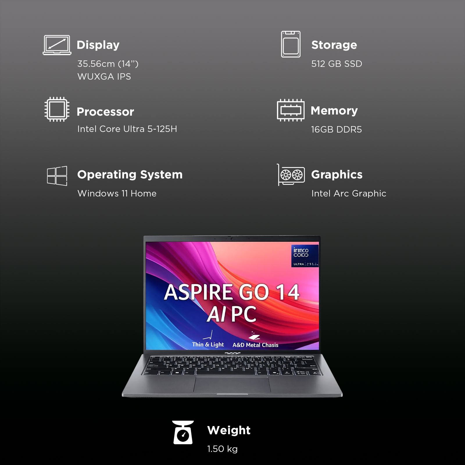 Acer Aspire Go 14 Intel Core Ultra 5 Thin & Light Laptop (16GB, 512GB SSD, Windows 11 Home, 14 inch WUXGA IPS Display, MS Office, Steel Gray, 1.5 KG)_3