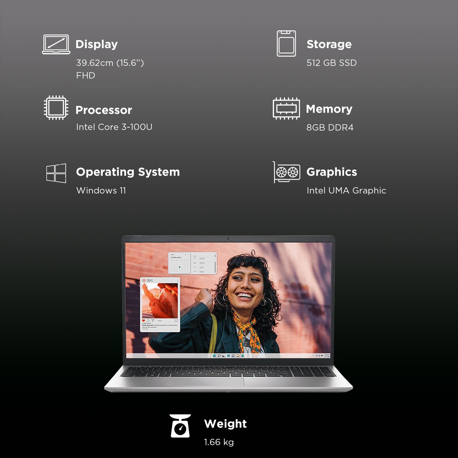 DELL DC 15250 Intel Core 3 Thin & Light Laptop (8GB, 512GB SSD, Windows 11, 15.6 inch Full HD Display, MS Office Home 2024, Platinum Silver, 1.66 KG)_3