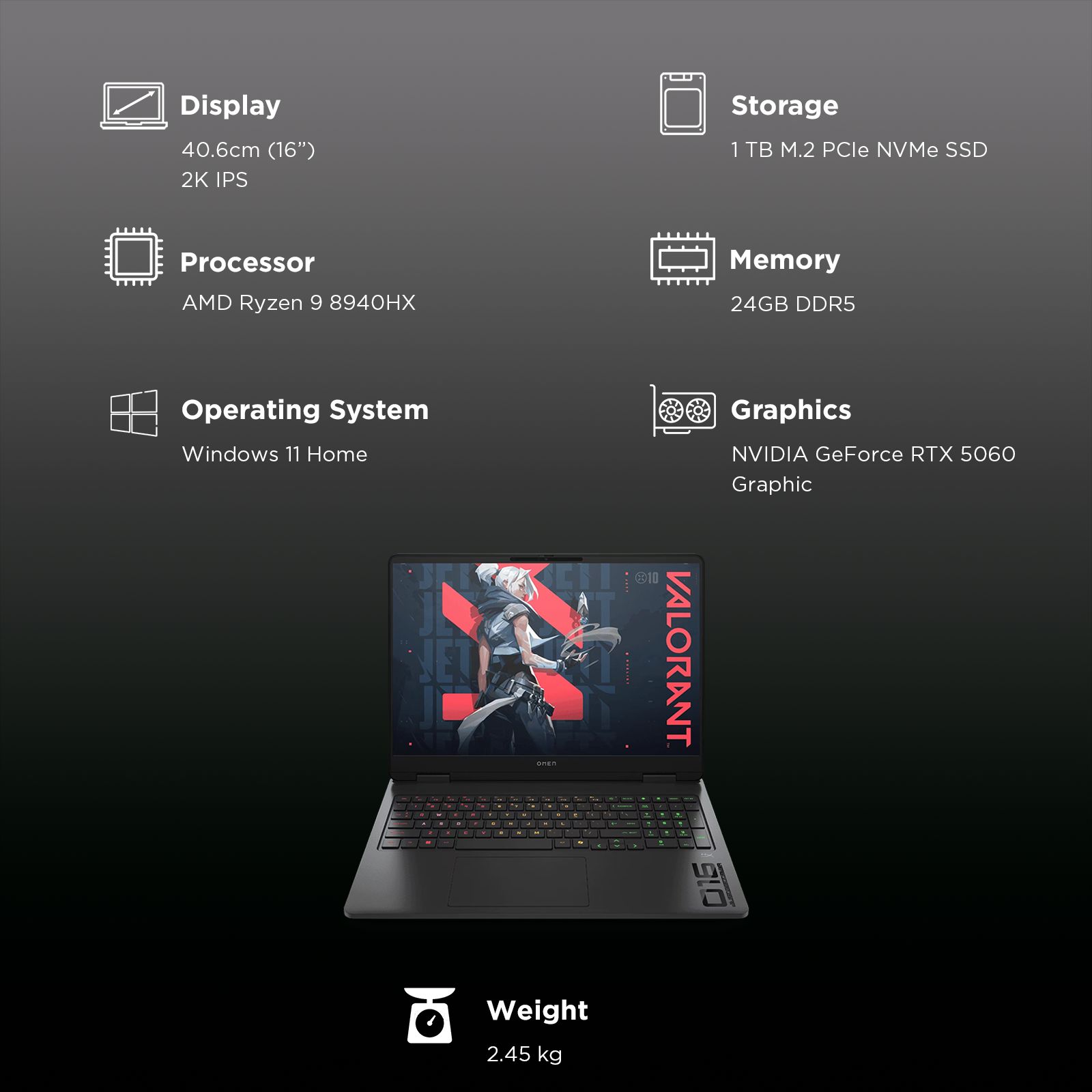 HP OMEN 16-ap0181AX AMD Ryzen 9 8940HX Gaming Laptop (24GB, 1TB SSD, Windows 11 Home, 8GB Graphics, 16 inch 165 Hz 2K IPS Display, NVIDIA GeForce RTX 5060, MS Office 2024, Shadow Black, 2.45 KG)_3