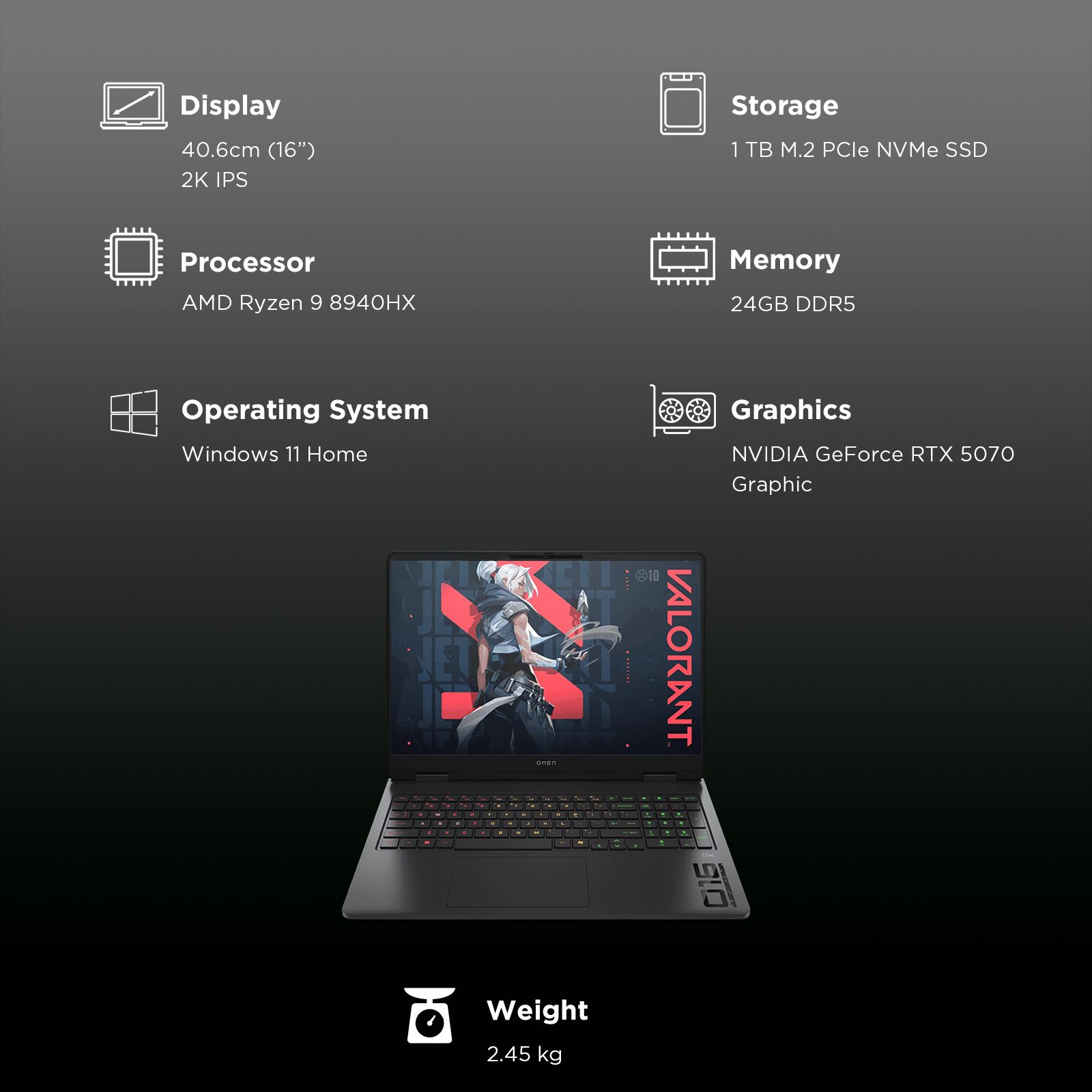 HP OMEN 16-ap0181AX AMD Ryzen 9 8940HX Gaming Laptop (24GB, 1TB SSD, Windows 11 Home, 8GB Graphics, 16 inch 165 Hz 2K IPS Display, NVIDIA GeForce RTX 5070, MS Office 2024, Shadow Black, 2.45 KG)_3