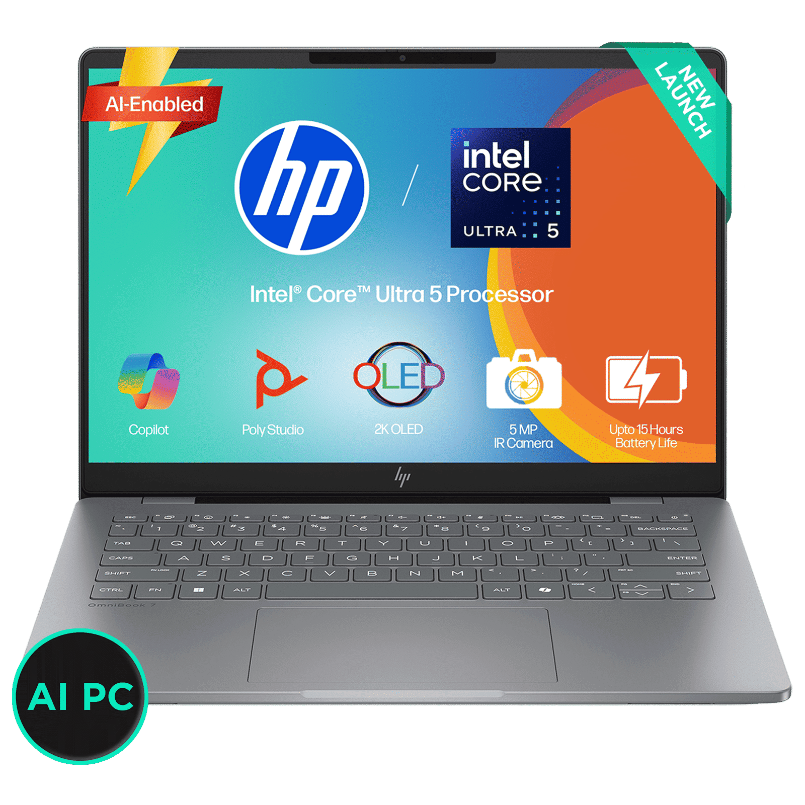 HP OmniBook 7 Intel Core Ultra 5 Laptop (16GB, 512GB SSD, Windows 11, 14 inch 2K OLED Display, MS Office 2024, Meteor Silver, 1.41 KG)_1