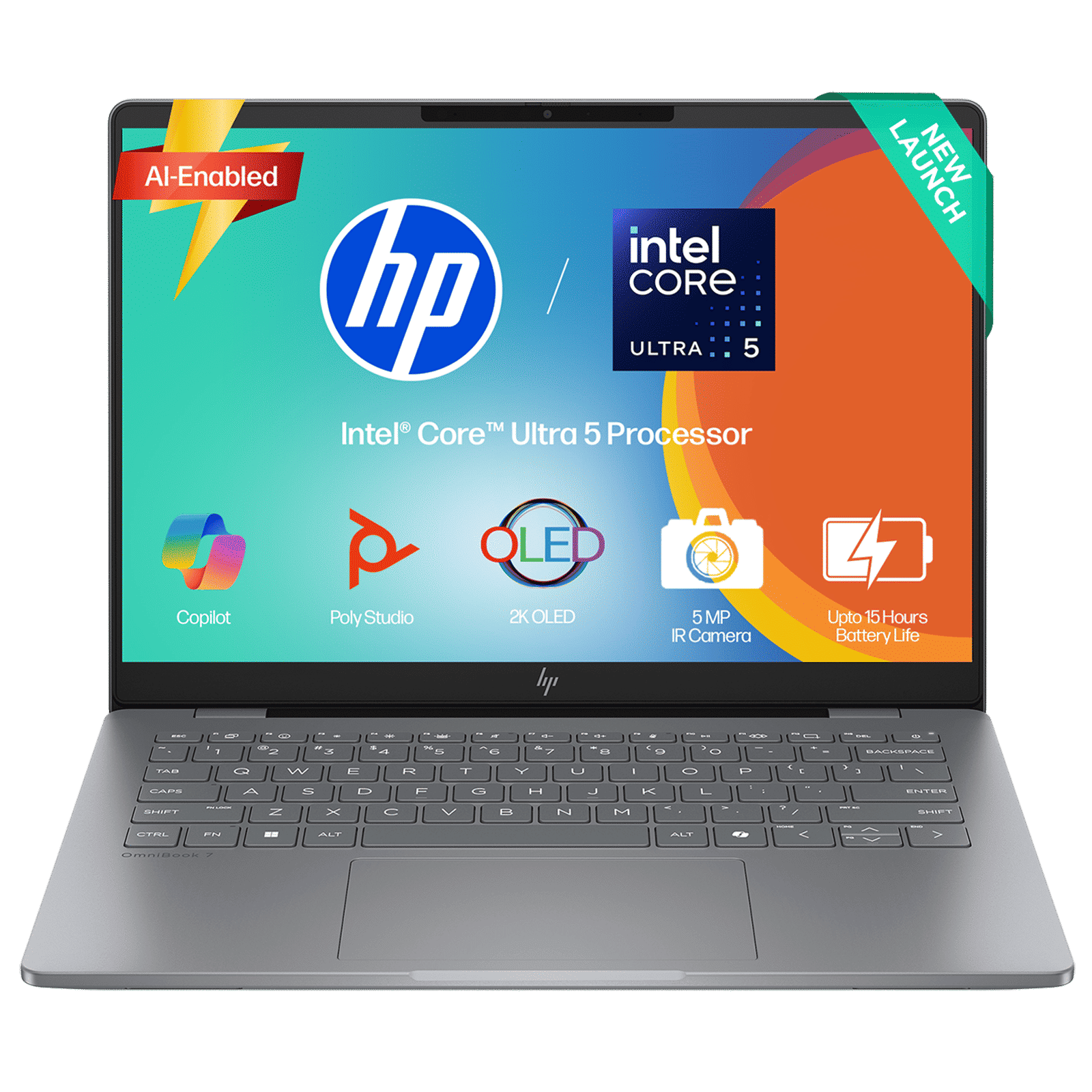 HP OmniBook 7 Intel Core Ultra 5 Laptop (16GB, 512GB SSD, Windows 11, 14 inch 2K OLED Display, MS Office 2024, Meteor Silver, 1.41 KG)