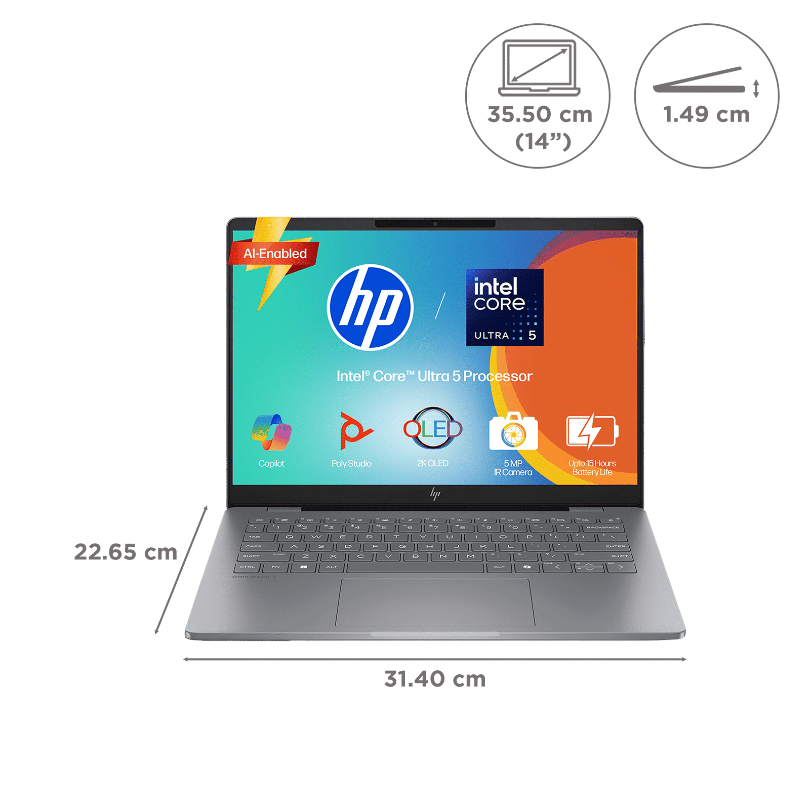 HP OmniBook 7 Intel Core Ultra 5 Laptop (16GB, 512GB SSD, Windows 11, 14 inch 2K OLED Display, MS Office 2024, Meteor Silver, 1.41 KG)_2