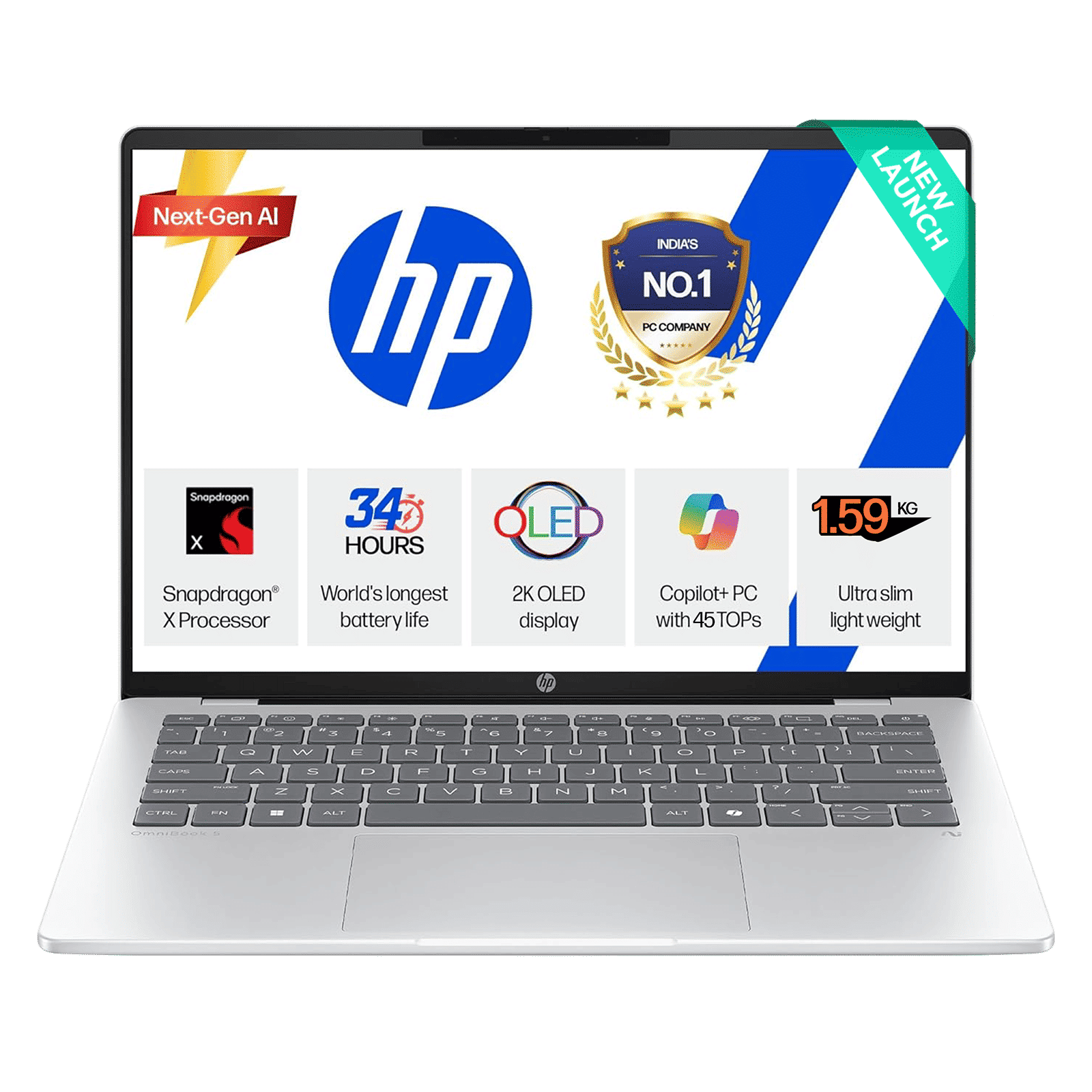 HP OmniBook 5 Qualcomm Snapdragon X Thin & Light Laptop (16GB, 1TB SSD, Windows 11 Home, 16 inch 2K OLED Display, MS Office 2024, Glacier Silver, 1.59 KG)