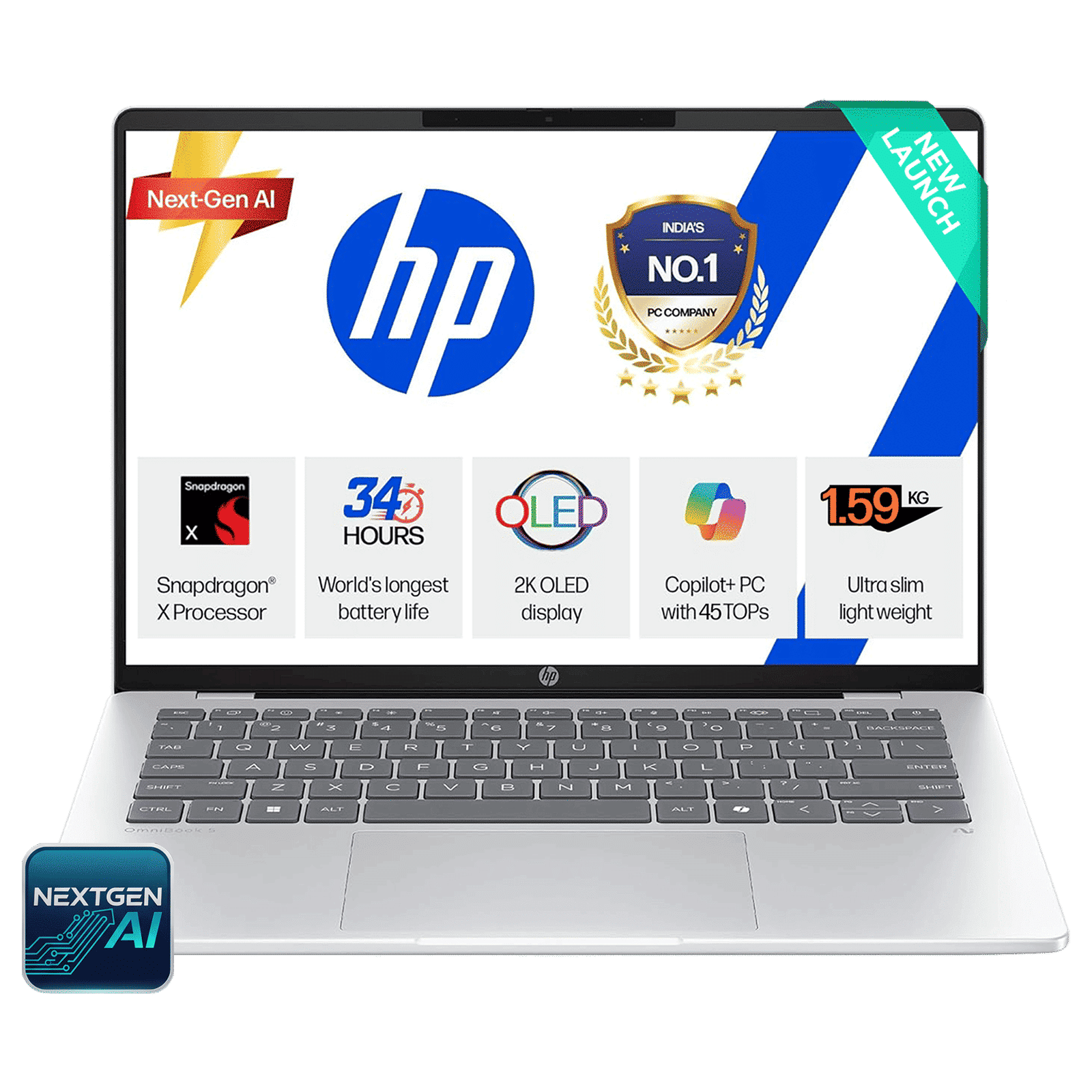 HP OmniBook 5 Qualcomm Snapdragon X Thin & Light Laptop (16GB, 1TB SSD, Windows 11 Home, 16 inch 2K OLED Display, MS Office 2024, Glacier Silver, 1.59 KG)_1