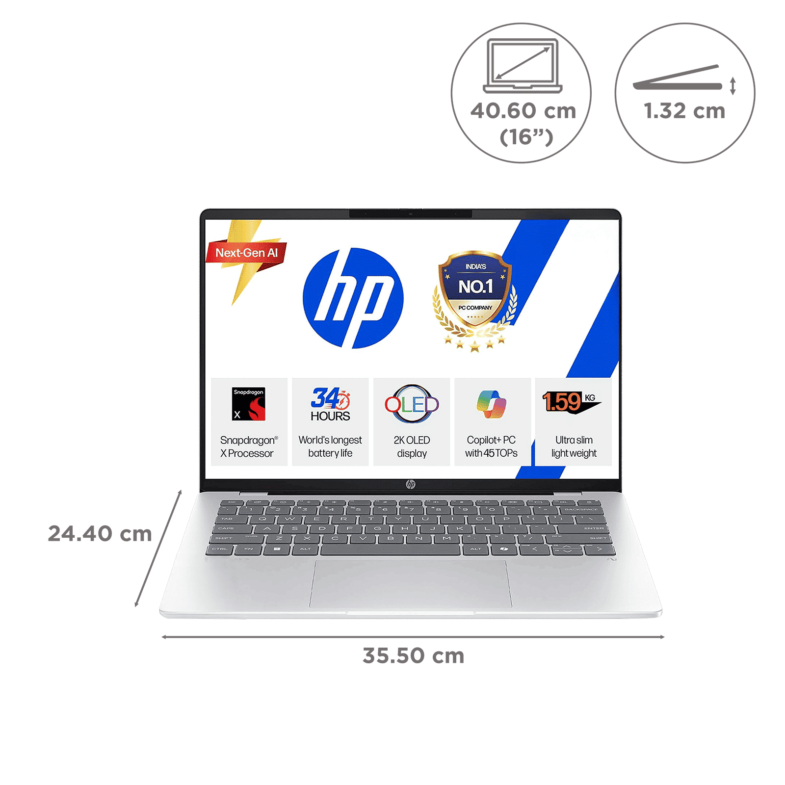 HP OmniBook 5 Qualcomm Snapdragon X Thin & Light Laptop (16GB, 1TB SSD, Windows 11 Home, 16 inch 2K OLED Display, MS Office 2024, Glacier Silver, 1.59 KG)_2