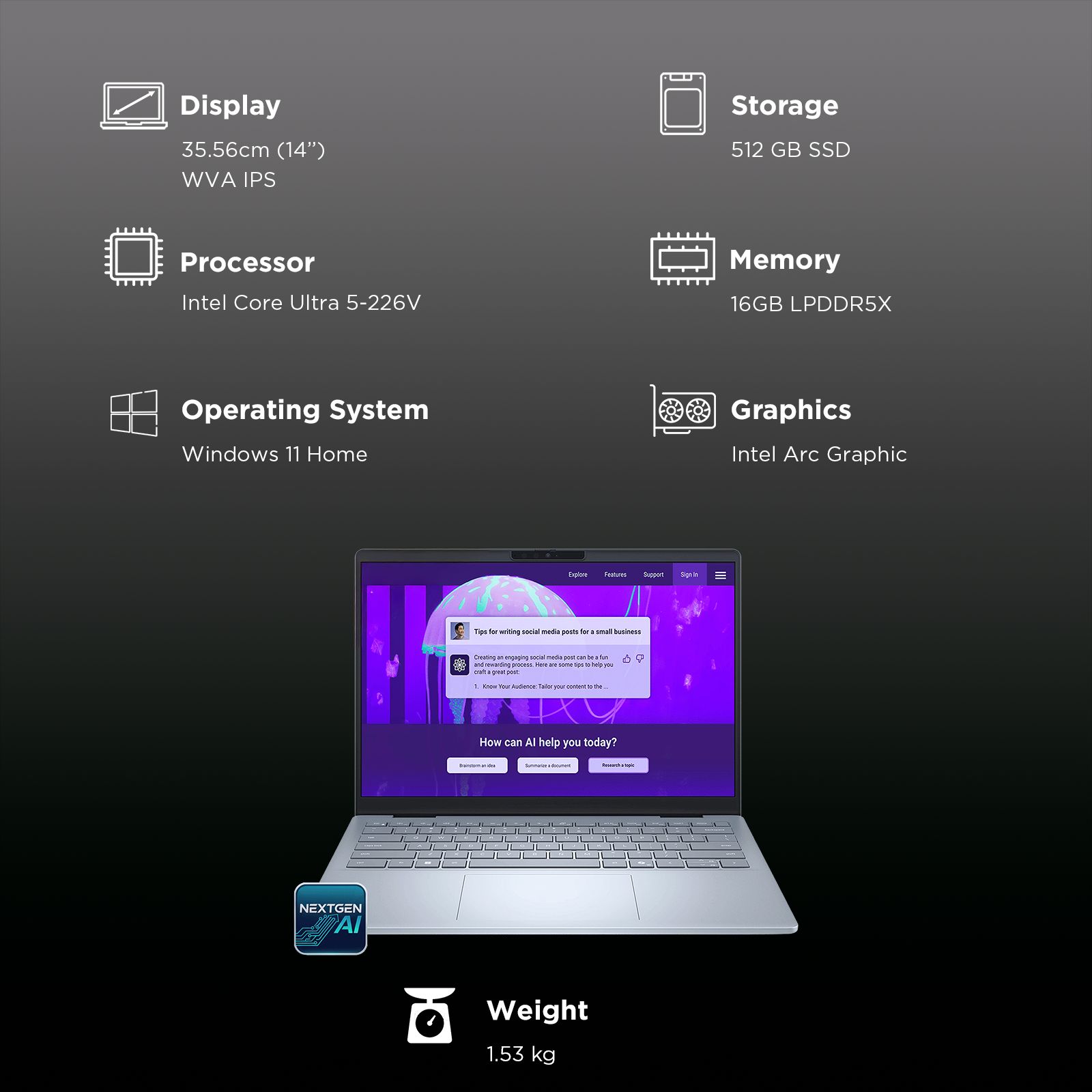 Dell 14 Plus Intel Core Ultra 5 Laptop (16GB, 512GB SSD, Windows 11 Home, 14 inch WVA IPS Display, MS Office 2024, Ice Blue, 1.53 KG)_3