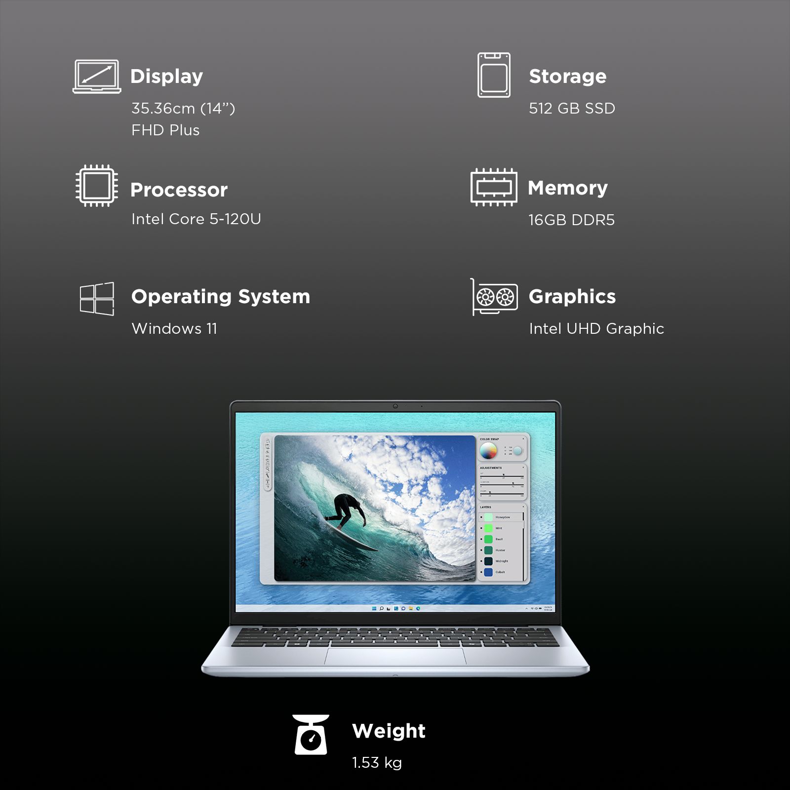 Dell DC 14250 Intel Core 5 Laptop (16GB, 512GB SSD, Windows 11, 14 inch Full HD Plus Display, MS Office 2024, Ice Blue, 1.53 KG)_3