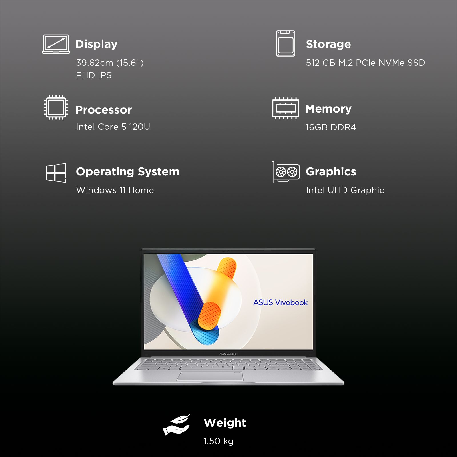 ASUS Vivobook 15 X1504VAP-BQ224WS Intel Core 5 120U Thin & Light Laptop (16GB RAM, 512GB SSD ROM, Windows 11 Home, 15.6 inch Full HD IPS Display, MS Office Home 2024, Cool Silver, 1.50 KG)_3