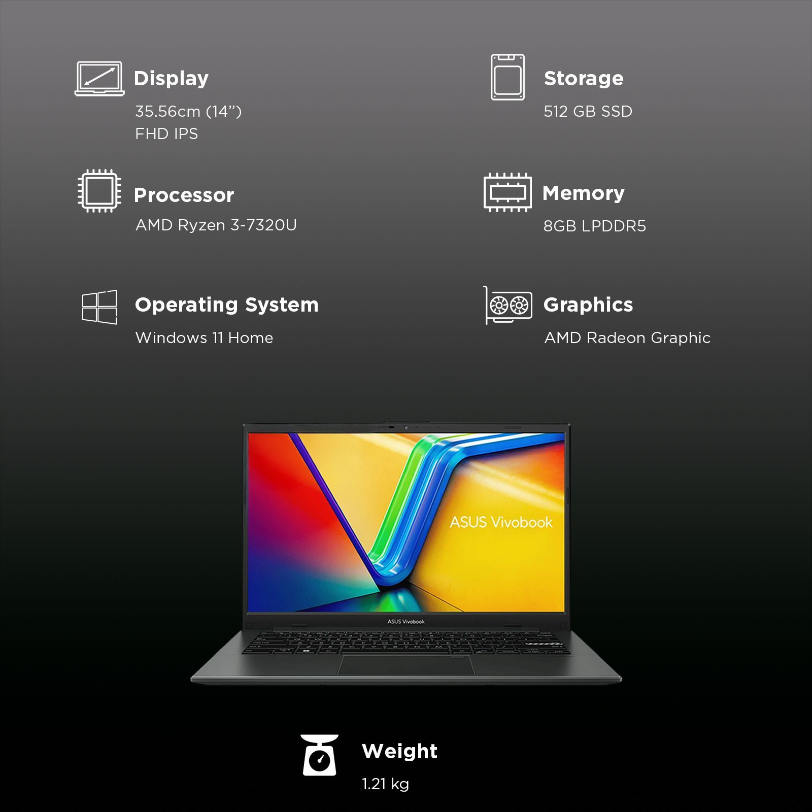 ASUS Vivobook Go 14 E1404FA-EB901WS AMD Ryzen 3 7320U Laptop (8GB, 512GB SSD, Windows 11 Home, 14 inch Full HD IPS Display, MS Office 2024, Mixed Black, 1.21 KG)_3