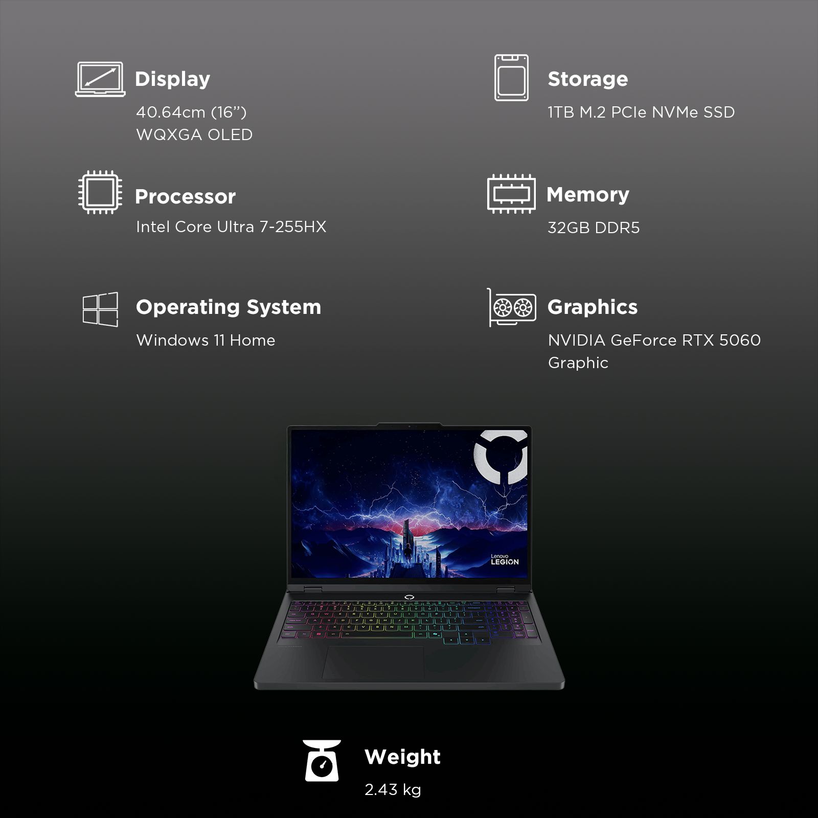 Lenovo Legion Pro 5 16IAX10 Intel Core Ultra 7 Gaming Laptop (32GB, 1TB SSD, Windows 11 Home, 8GB Graphics, 16 Inch 165 Hz WQXGA OLED Display, NVIDIA GeForce RTX 5060, MS Office Home 2024, Eclipse Black, 2.43 KG)_3