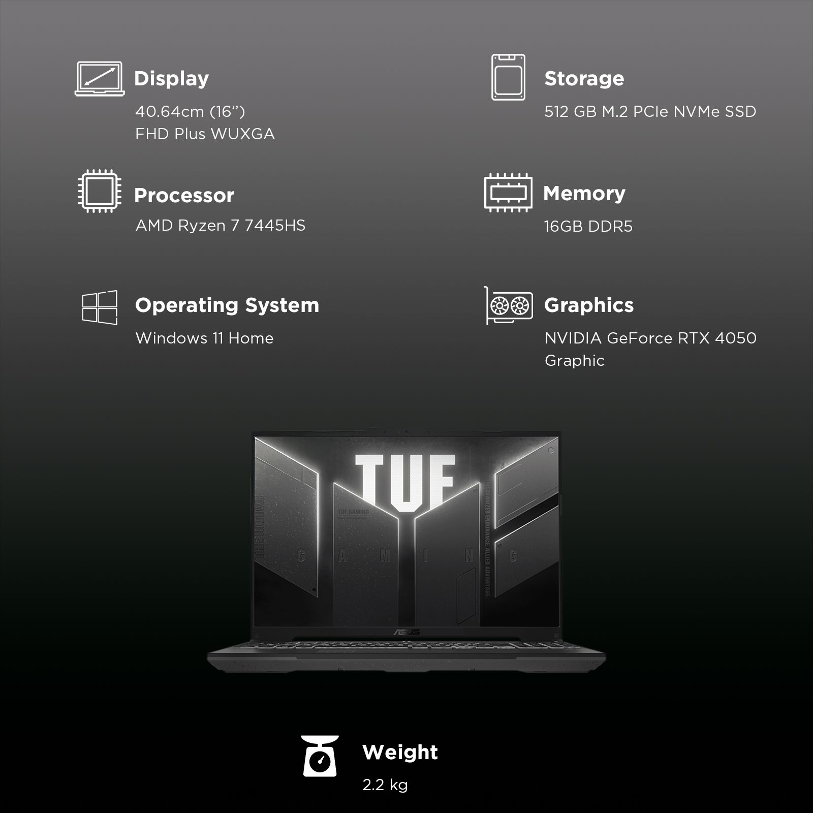 ASUS TUF A16 AMD Ryzen 7 7445HS Gaming Laptop (16GB, 512GB SSD, Windows 11 Home, 6GB Graphics, 16 inch 144 Hz Full HD Plus WUXGA Display, NVIDIA GeForce RTX 4050, MS Office 2024, Mecha Gray, 2.2 KG)_3