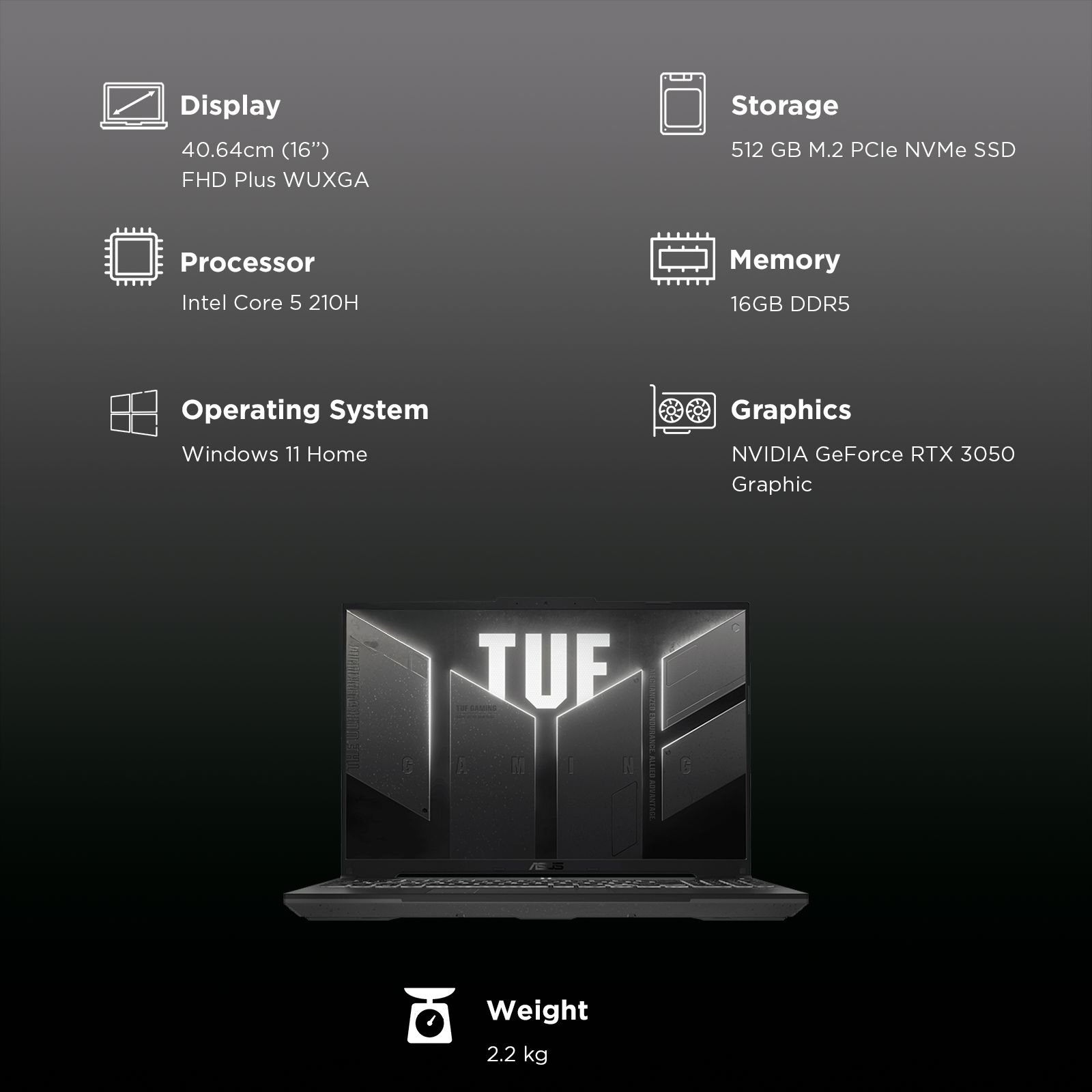 ASUS TUF F16 Intel Core 5 210H Gaming Laptop (16GB, 512GB SSD, Windows 11 Home, 6GB Graphics, 16 inch 144 Hz Full HD Plus WUXGA Display, NVIDIA GeForce RTX 3050, MS Office 2024, Mecha Gray, 2.2 KG)_3