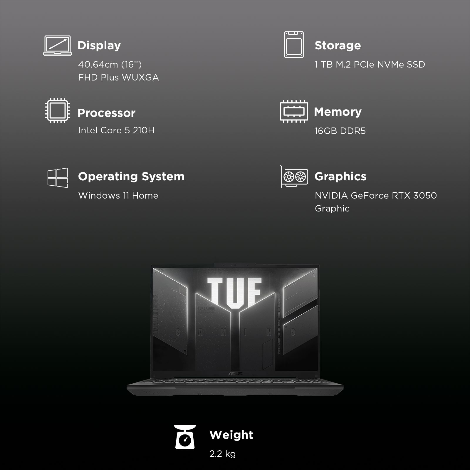 ASUS TUF F16 Intel Core 5 210H Gaming Laptop (16GB, 1TB SSD, Windows 11 Home, 6GB Graphics, 16 inch 144 Hz Full HD Plus WUXGA Display, NVIDIA GeForce RTX 3050, MS Office 2024, Mecha Gray, 2.2 KG)_3