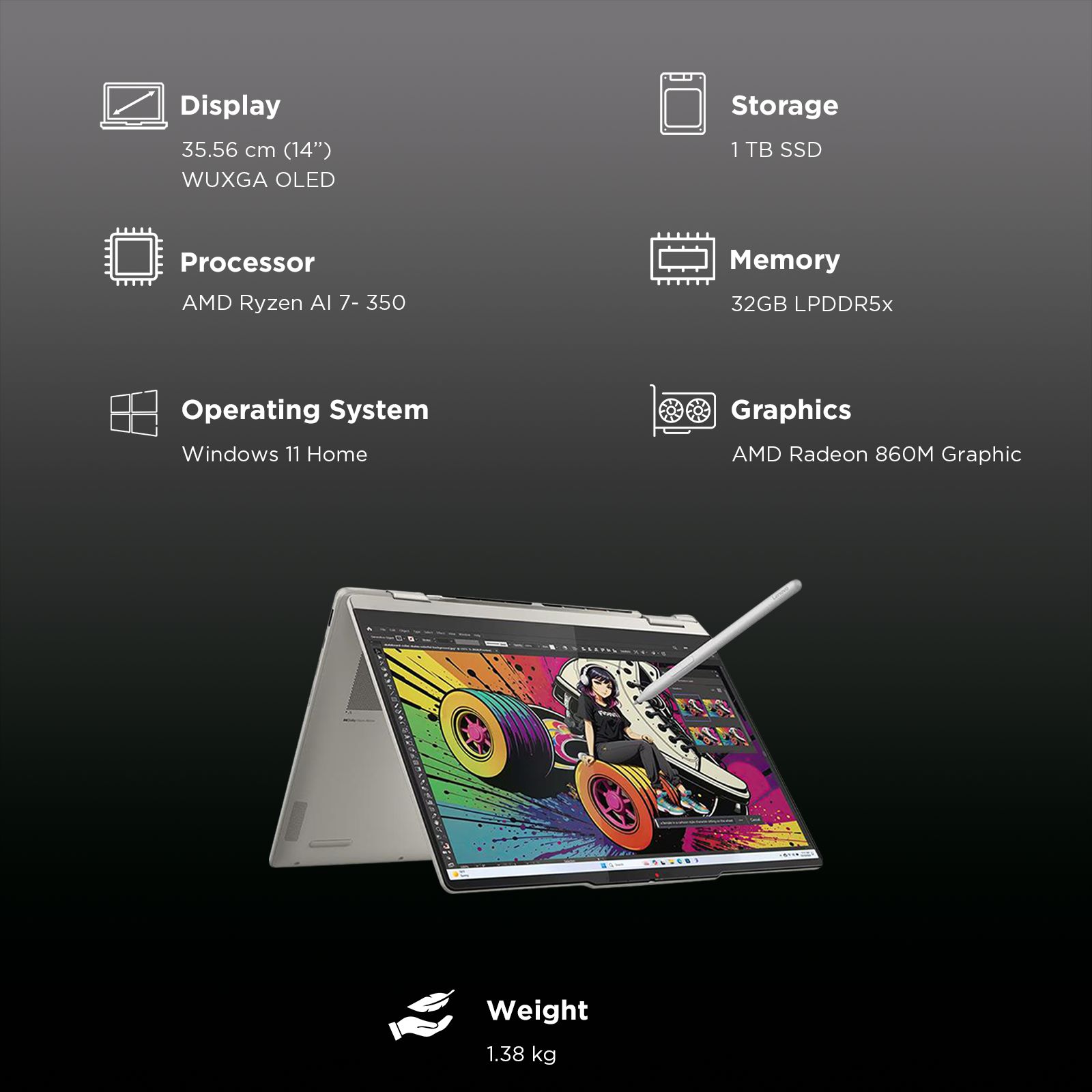 Lenovo Yoga 7 14AKP10 AMD Ryzen AI 7 350 Touchscreen 2-in-1 Laptop (32GB, 1TB SSD, Windows 11 Home, 14 inch WUXGA OLED Display, MS Office Home 2024, Seashell, 1.38 KG)_3