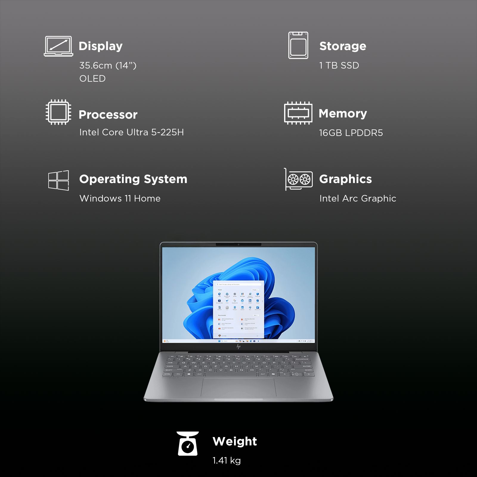 HP OmniBook 7 14-fr0789TU Intel Core Ultra 5 AI Laptop (16GB, 1TB SSD, Windows 11 Home, 14 inch 3K OLED Display, MS Office 2024, Meteor Silver Aluminum, 1.41 KG)_3