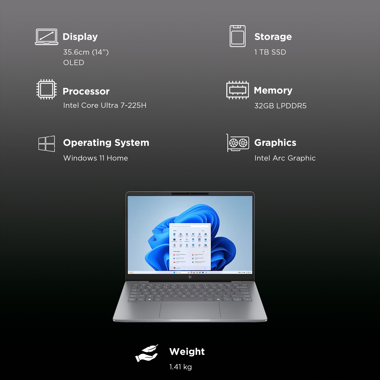 HP OmniBook 7 14-fr0116TU Intel Core Ultra 7 AI Laptop (32GB, 1TB SSD, Windows 11 Home, 14 inch 3K OLED Display, MS Office 2024, Meteor Silver Aluminum, 1.41 KG)_3