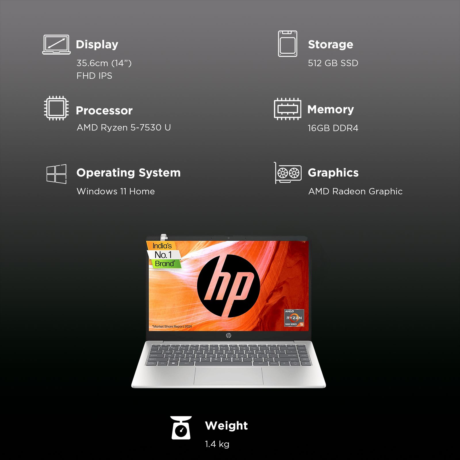 HP 14-em0241AU AMD Ryzen 5 Laptop (16GB, 512GB SSD, Windows 11 Home, 14 inch Full HD IPS Display, Natural Silver, 1.4 KG)_3