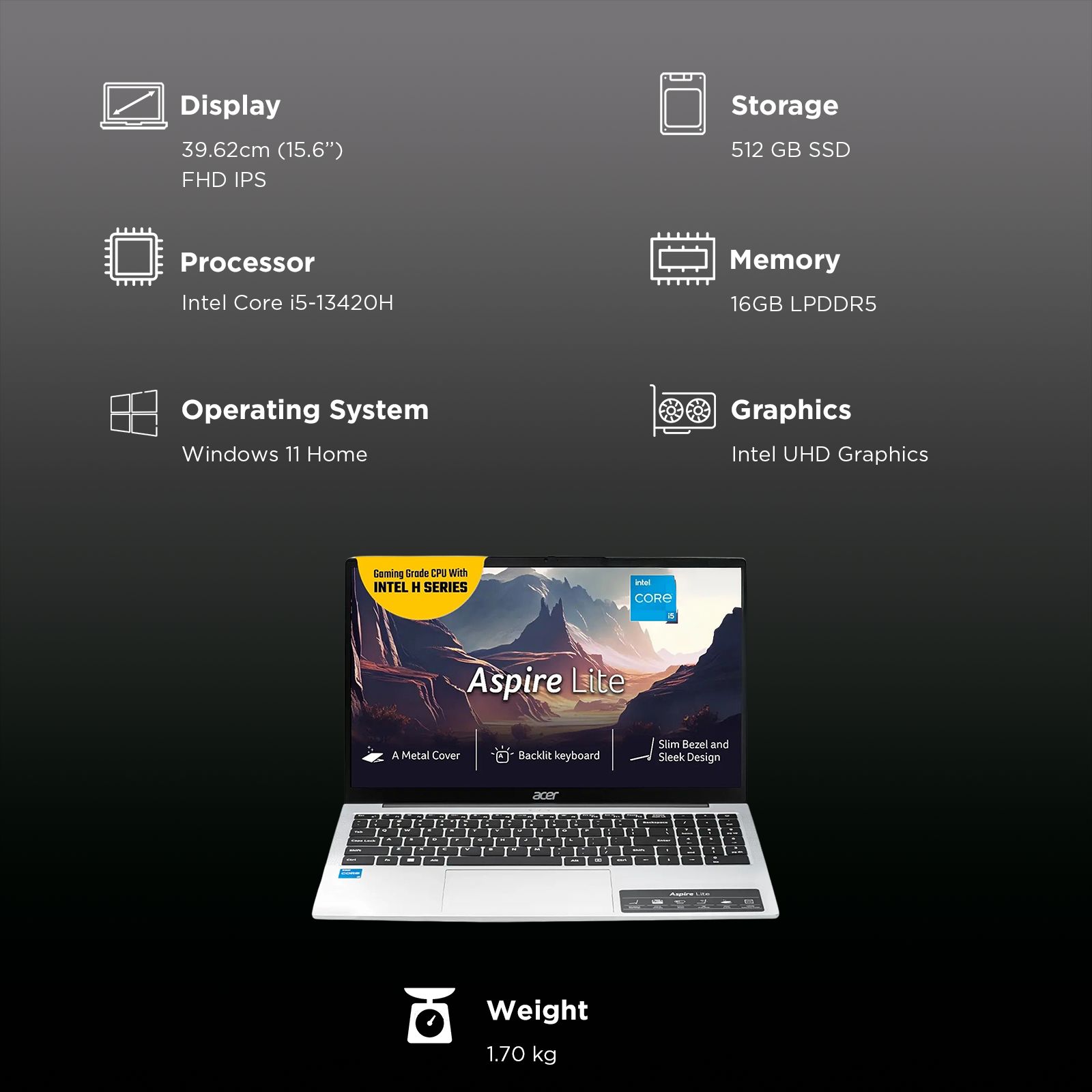 acer Aspire Lite Intel Core i5 13th Gen Thin & Light Laptop (16GB, 512GB SSD, Windows 11 Home, 15.6 inch Full HD IPS Display, MS Office, Pure Silver, 1.70 KG)_3