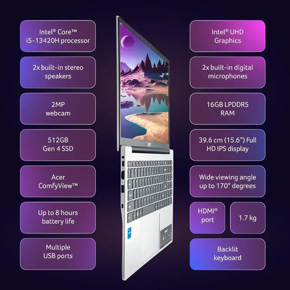 acer Aspire Lite Intel Core i5 13th Gen Thin & Light Laptop (16GB, 512GB SSD, Windows 11 Home, 15.6 inch Full HD IPS Display, MS Office, Pure Silver, 1.70 KG)_2