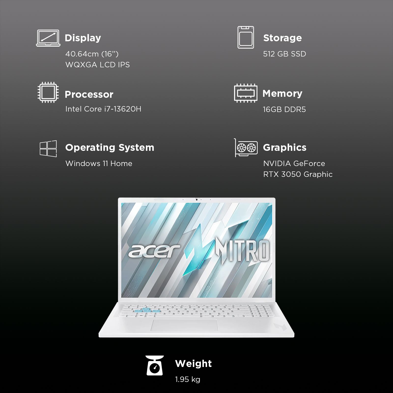 acer Nitro Lite Intel Core i7 13620H Gaming Laptop (16GB, 512GB SSD, Windows 11 Home, 6GB Graphics, 16 inch 165 Hz WQXGA LCD IPS Display, NVIDIA GeForce RTX 3050, MS Office Home 2024, Pearl White, 1.95 KG)_3