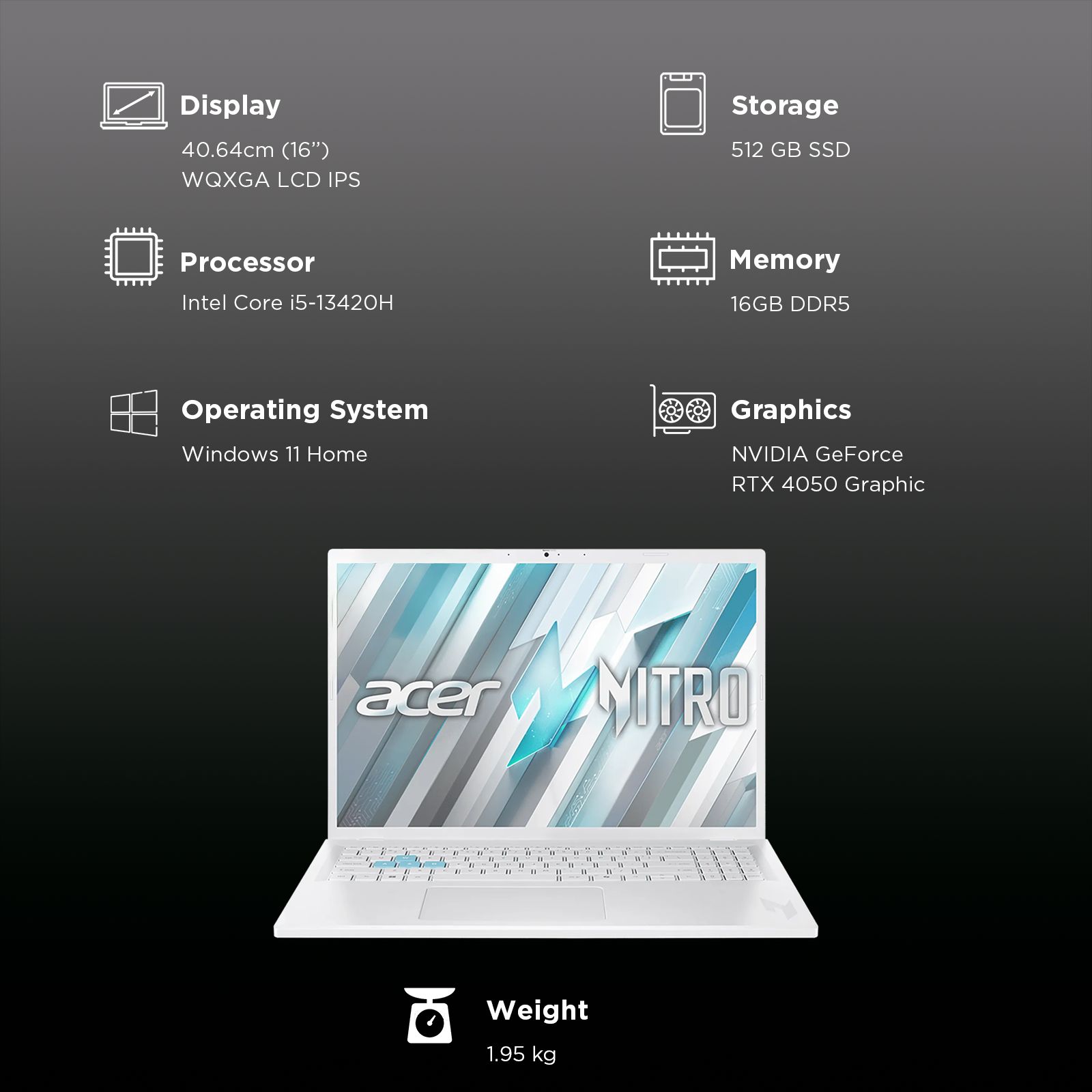 acer Nitro Lite Intel Core i5 13420H Gaming Laptop (16GB, 512GB SSD, Windows 11 Home, 6GB Graphics, 16 inch 165 Hz WQXGA LCD IPS Display, NVIDIA GeForce RTX 4050, MS Office Home 2024, Pearl White, 1.95 KG)_3