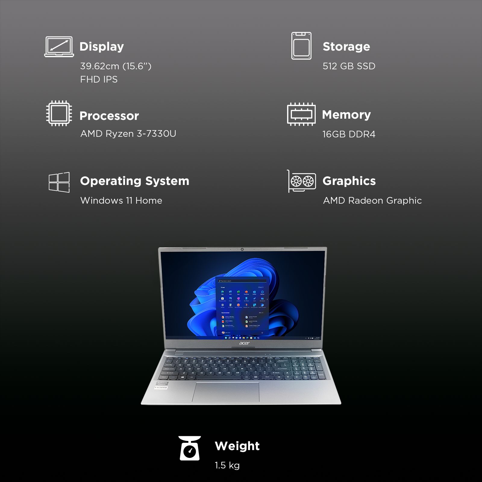 Acer Aspire Lite AMD Ryzen 3 7330U Laptop (16GB, 512GB SSD, Windows 11 Home, 15.6 inch Full HD IPS Display, MS Office, Grey, 1.5 KG) Acer Aspire Lite AMD Ryzen 3 7330U Laptop (16GB, 512GB SSD, Windows 11 Home, 15.6 inch Full HD IPS Display, MS Office, Grey, 1.5 KG)_3