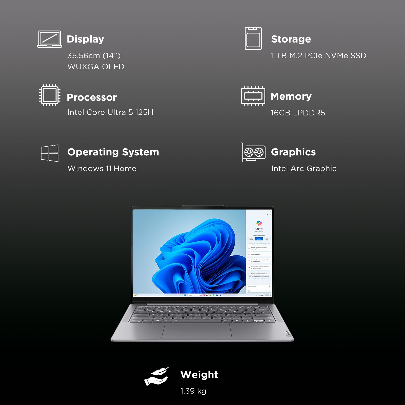 Lenovo Yoga Slim 7 14IMH9 Intel Core Ultra 5 125H Laptop (16GB, 1TB SSD, Windows 11 Home, 14 inch WUXGA OLED Display, MS Office Home 2024, Luna Grey, 1.39 KG)_3