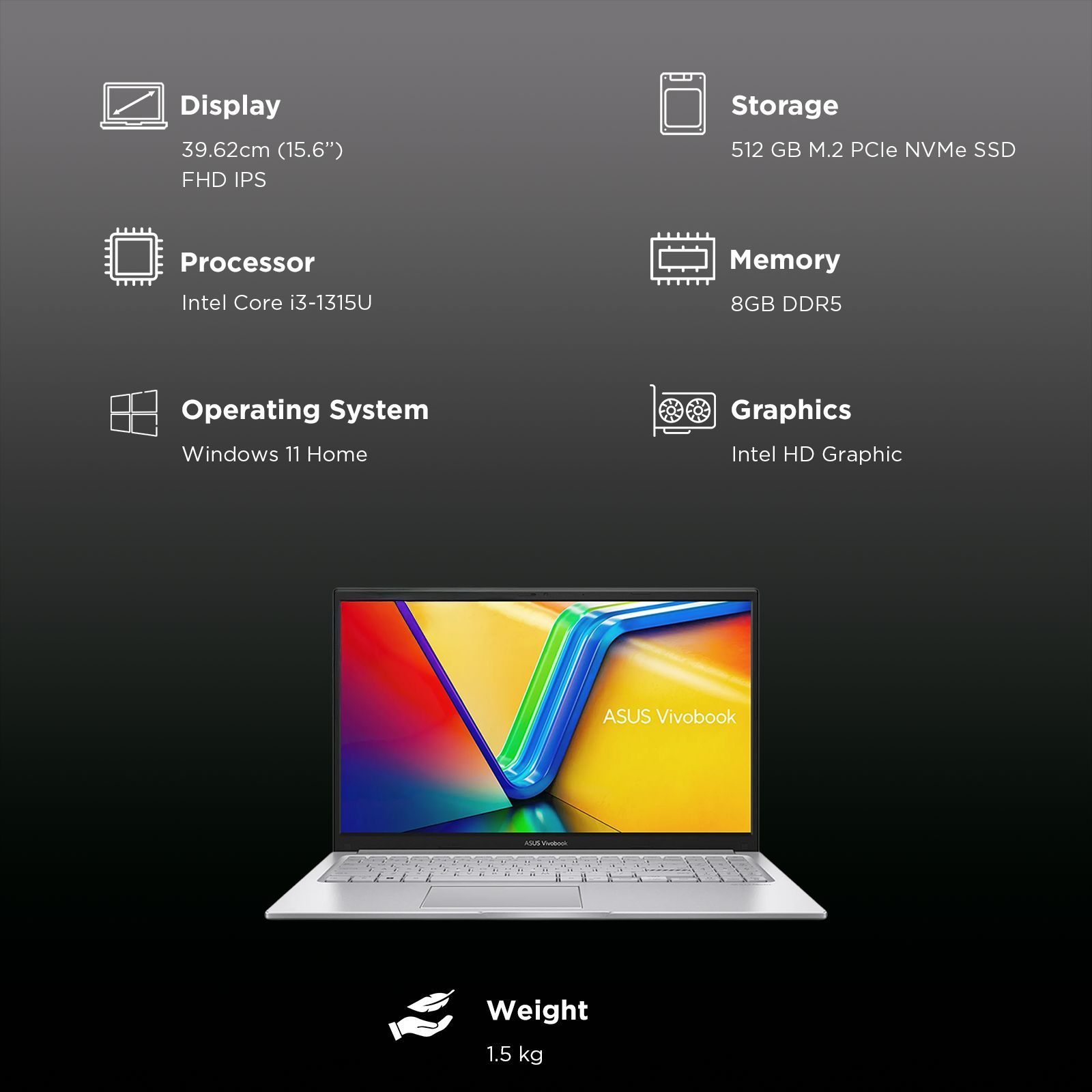 ASUS Vivobook 15 X1504VA-D5321WS Intel Core i3 13th Gen Thin & Light Laptop (8GB RAM, 512GB SSD ROM, Windows 11 Home, 15.6 inch Full HD IPS Display, MS Office Home 2024, Cool Silver, 1.50 KG)_3