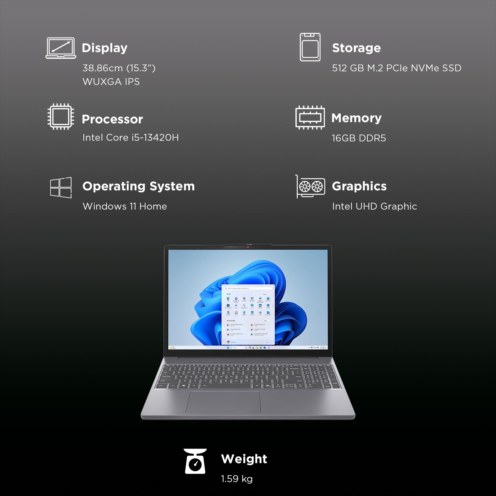 Lenovo IdeaPad Slim 3 15IRH10 Intel Core i5 13th Gen Laptop (16GB, 512GB SSD, Windows 11 Home, 15.3 inch WUXGA IPS Display, MS Office Home 2024, Luna Grey, 1.59 KG)_3