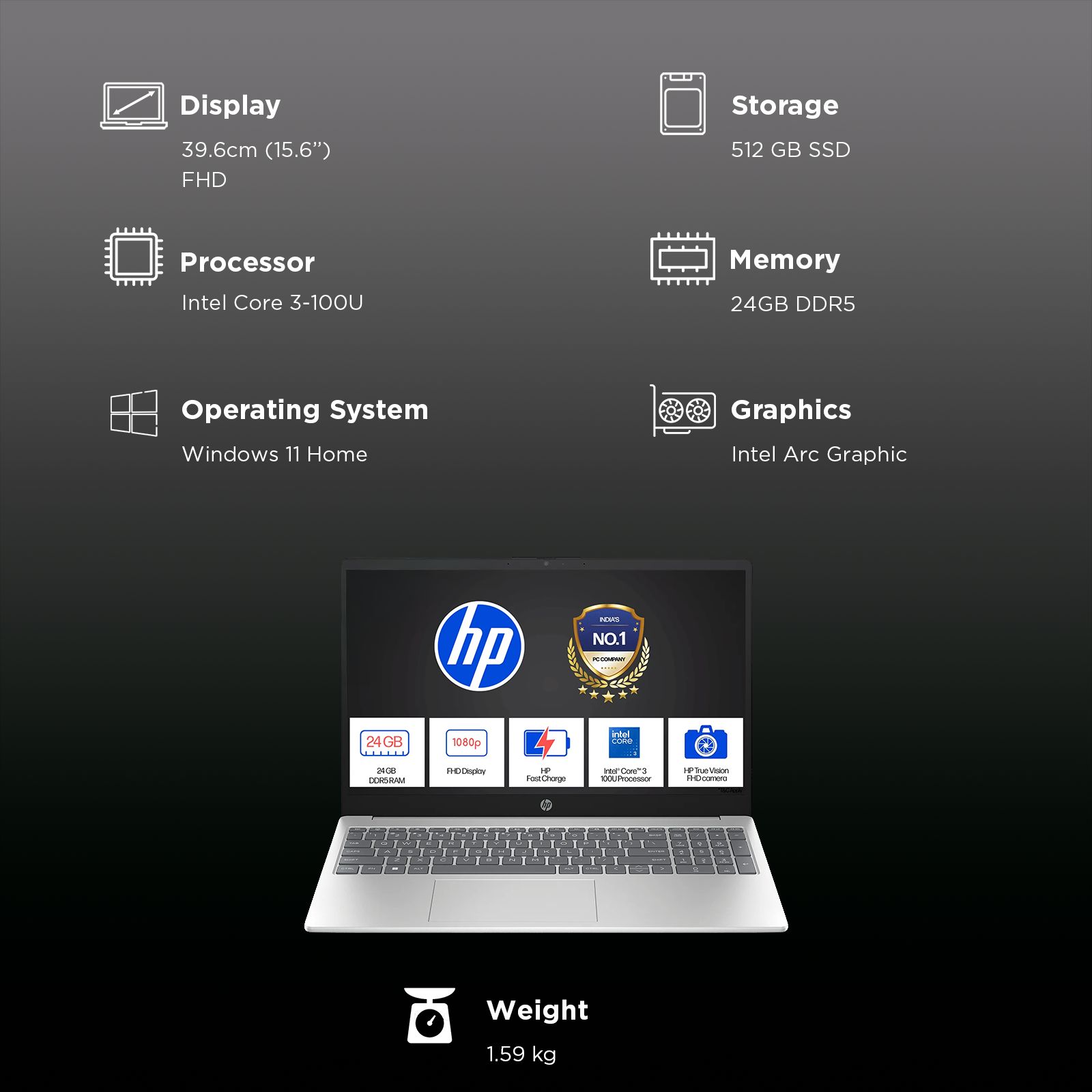 HP 15-fd0886TU Intel Core 3 100U Laptop (24GB RAM, 512GB SSD ROM, Windows 11 Home, 15.6 inch Full HD Display, Natural Silver, 1.59 KG)_3