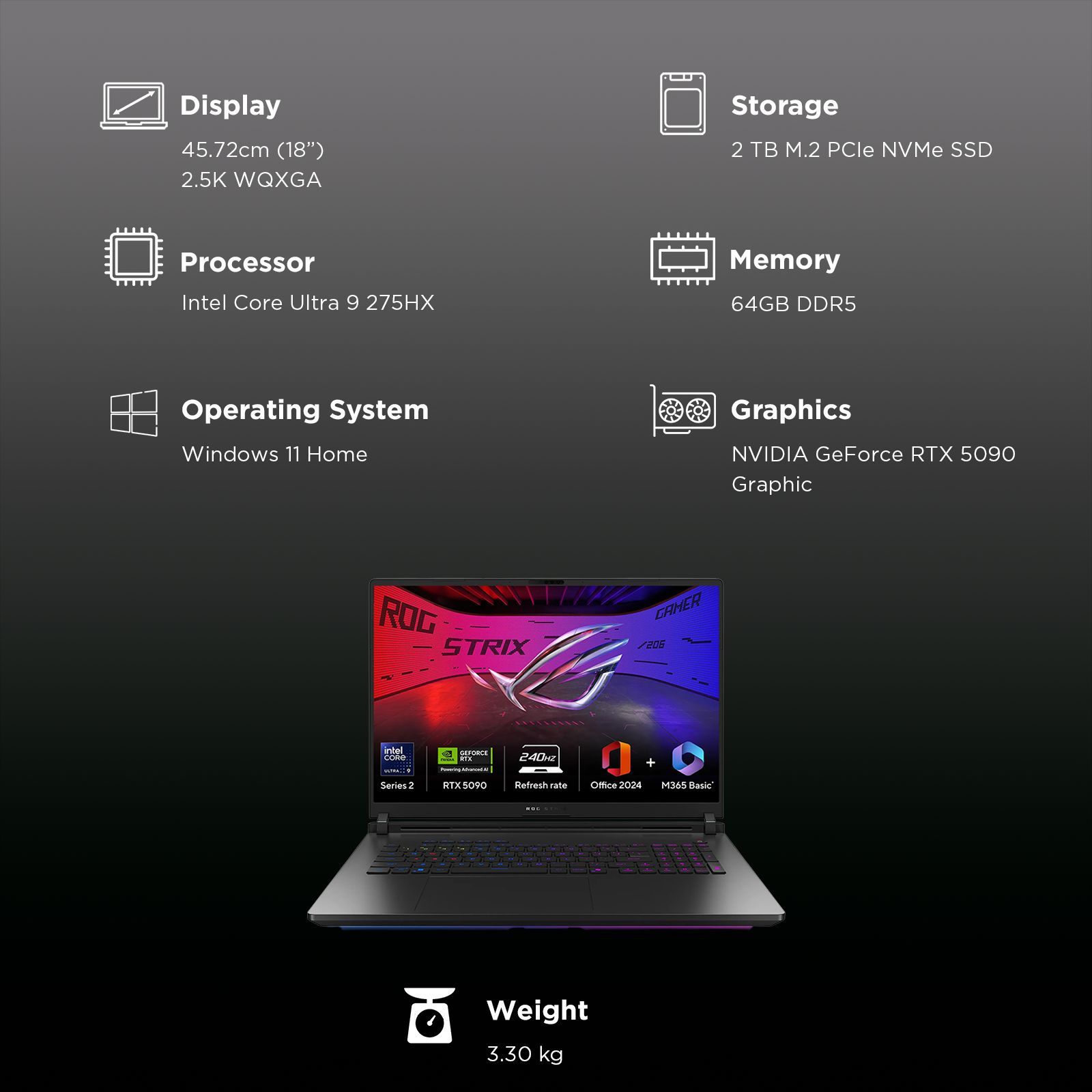 ASUS ROG Strix SCAR 18 G835LX-SA187WS Intel Core Ultra 9 275HX Gaming Laptop (64GB, 2TB SSD, Windows 11 Home, 24GB Graphics, 18 inch 240 Hz 2.5K WQXGA Display, NVIDIA GeForce RTX 5090, MS Office Home 2024, Off Black, 3.30 KG)_3