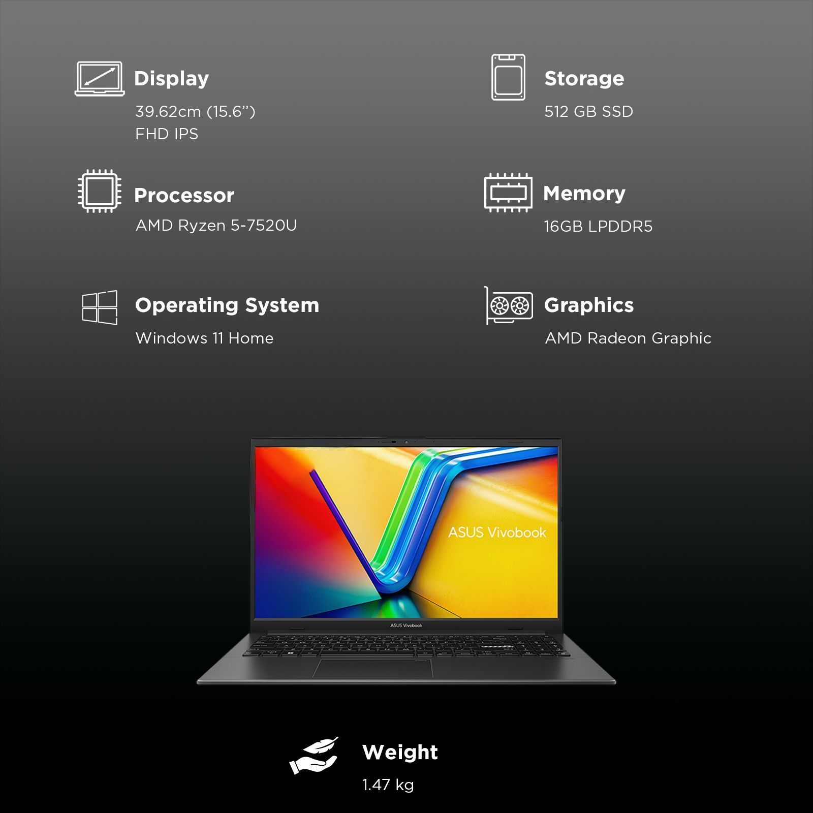ASUS Vivobook Go 15 E1504FA-BQ2490WS AMD Ryzen 5 Thin and Light Laptop (16GB, 512GB SSD, Windows 11 Home, 15.6 inch Full HD IPS Display, MS Office Home 2024, Mixed Black, 1.47 KG)_3