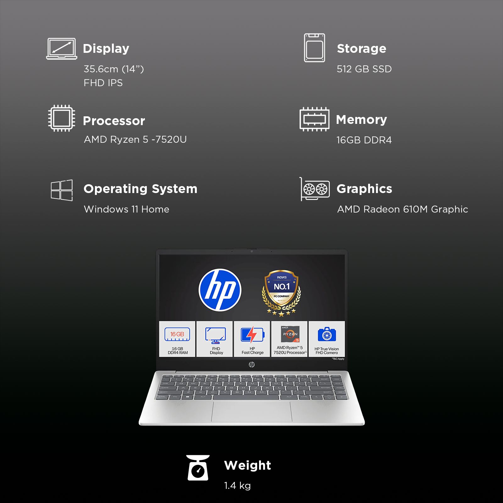 HP 14-em0108AU AMD Ryzen 5 Laptop (16GB, 512GB SSD, Windows 11 Home, 14 inch Full HD IPS Display, MS Office 2024, Natural Silver, 1.4 KG)_3