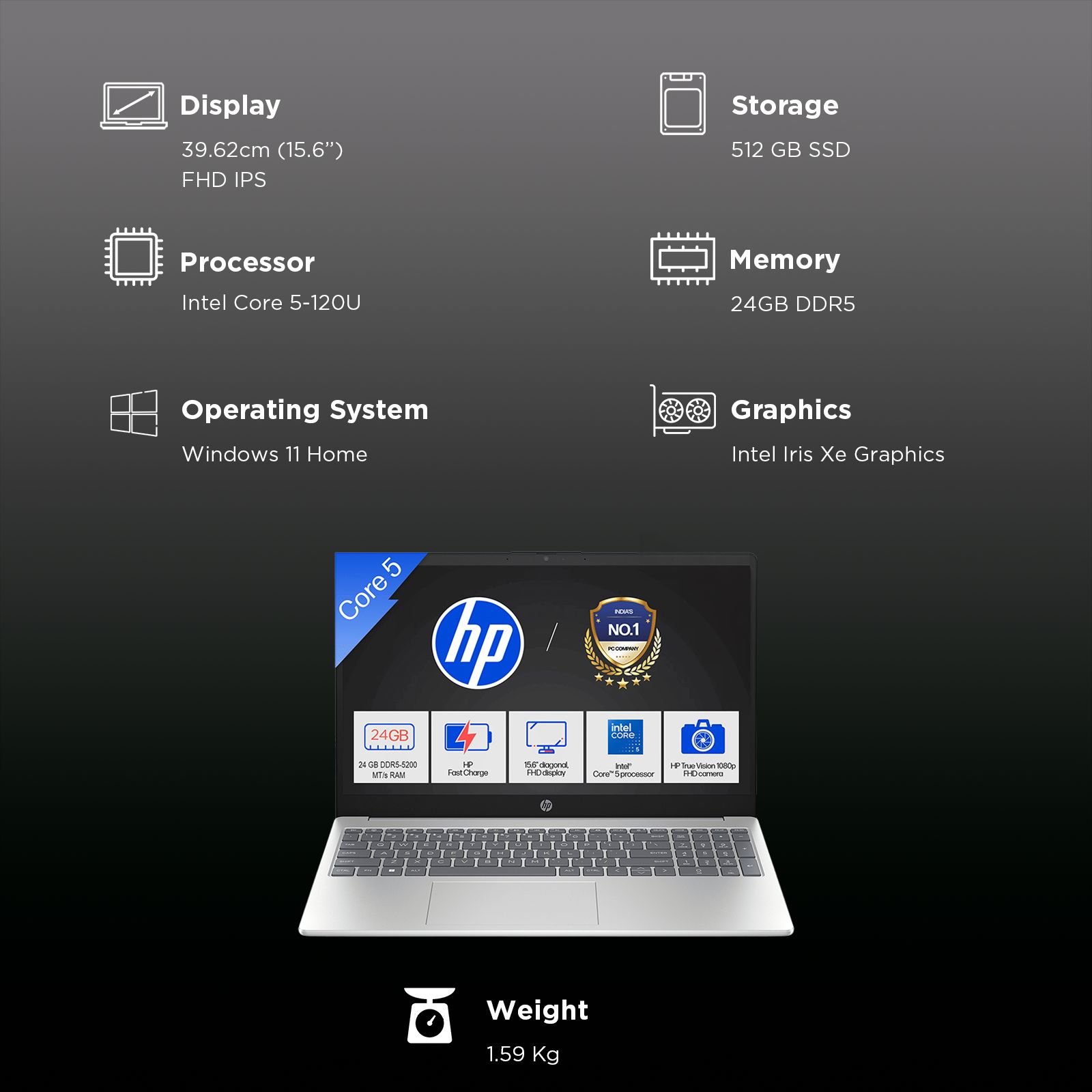 HP 15-fd0901TU Intel Core 5 120U Laptop (24GB, 512GB SSD, Windows 11 Home, 15.6 inch Full HD IPS Display, MS Office 2024, Natural Silver, 1.59 KG)_3