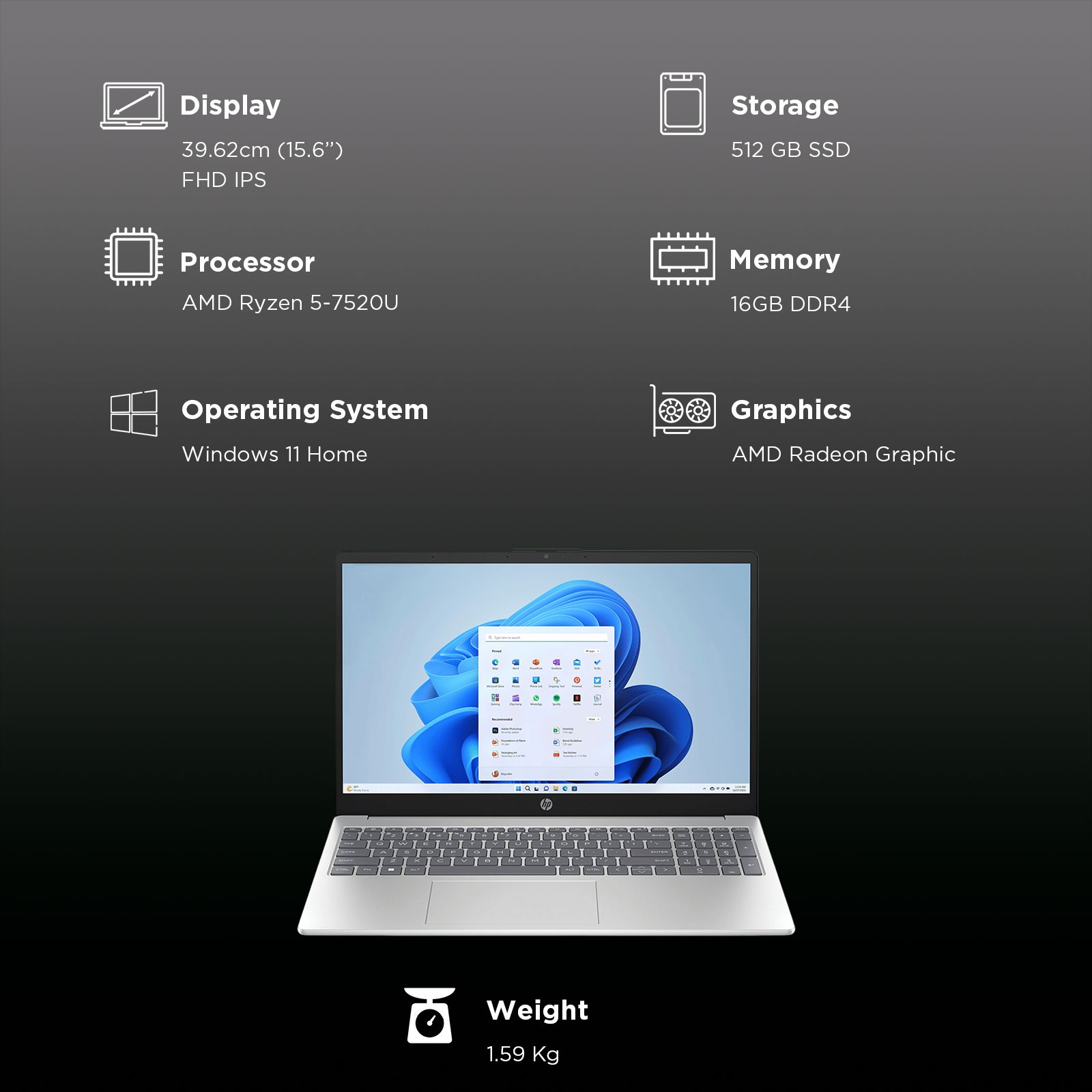 HP 15-fc0782AU AMD Ryzen 5 Laptop (16GB, 512GB SSD, Windows 11 Home, 15.6 inch Full HD IPS Display, Natural Silver, 1.59 KG)_2