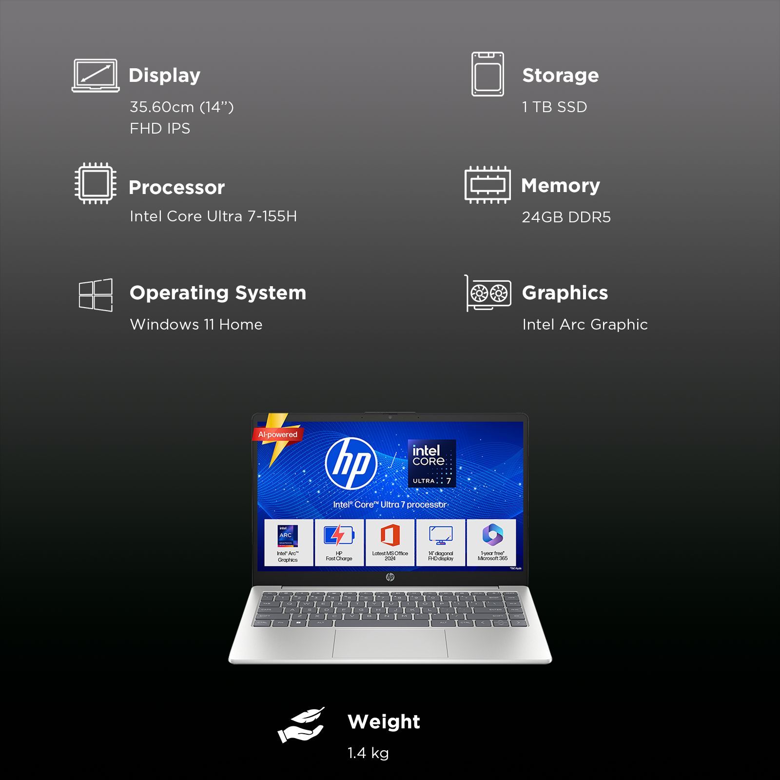 HP 14-ep1182TU Intel Core Ultra 7 Thin & Light Laptop (24GB, 1 TB SSD, Windows 11 Home, 14 inch Full HD IPS Display, MS Office 2024, Natural Silver, 1.40 KG)_3