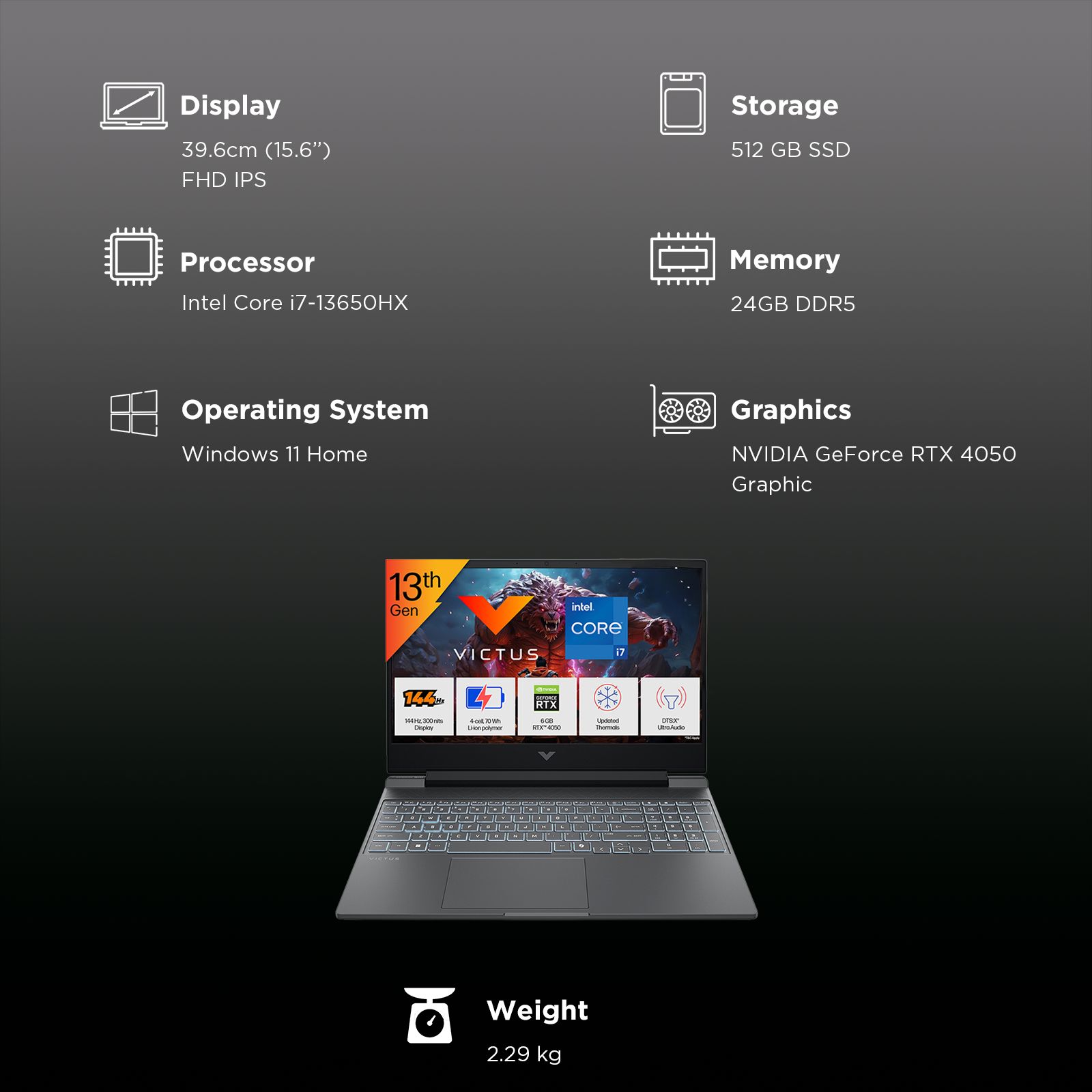 HP Victus 15-fa2532TX Intel Core i7 13th Gen Gaming Laptop (24GB, 512GB SSD, Windows 11 Home, 6GB Graphics, 15.6 inch 144 Hz Full HD IPS Display, NVIDIA GeForce RTX 4050, MS Office 2024, Mica Silver, 2.29 KG)_2