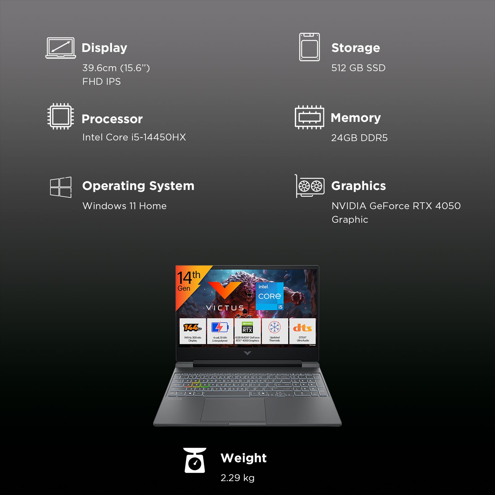 HP Victus 15-fa2539TX Intel Core i5 14th Gen Gaming Laptop (24GB, 512GB SSD, Windows 11, 6GB Graphics, 15.6 Inch 144 Hz Full HD IPS Display, NVIDIA GeForce RTX 4050, MS Office 2024, Mica Silver, 2.29 KG)_3