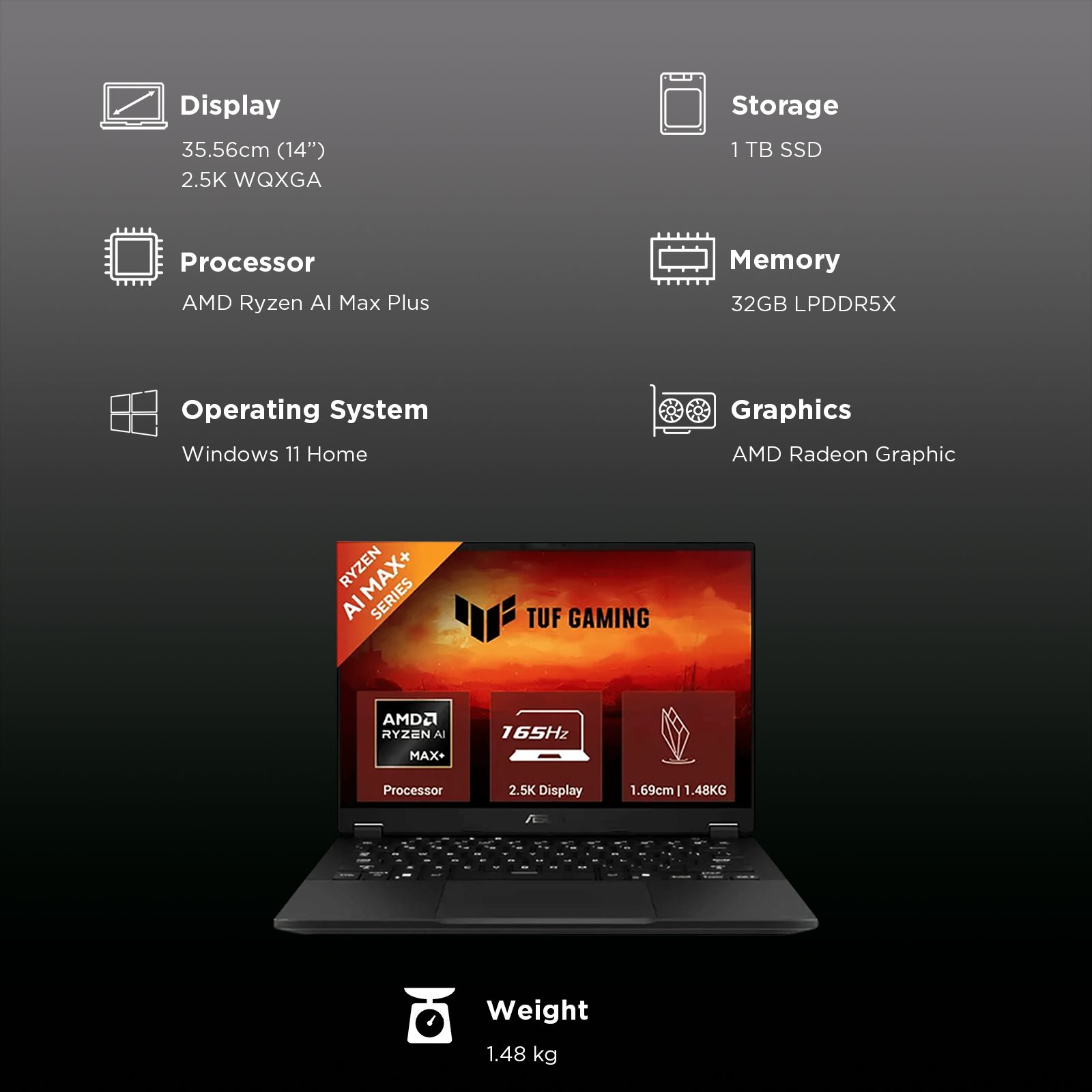 ASUS TUF A14 FA401EA-RG020WS AMD Ryzen AI Max Plus Gaming Laptop (32GB, 1TB SSD, Windows 11 Home, 14 inch 165 Hz 2.5K WQXGA Display, AMD Radeon, MS Office Home 2024, Jaeger Gray, 1.48 KG)_3